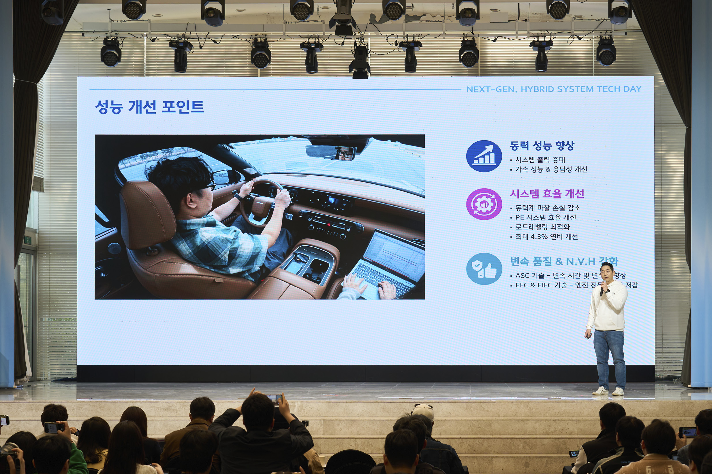 현대차그룹 차세대 하이브리드 시스템 테크데이에서 발표 중인 MLV전동화운전성시험팀 최재영 PL의 모습