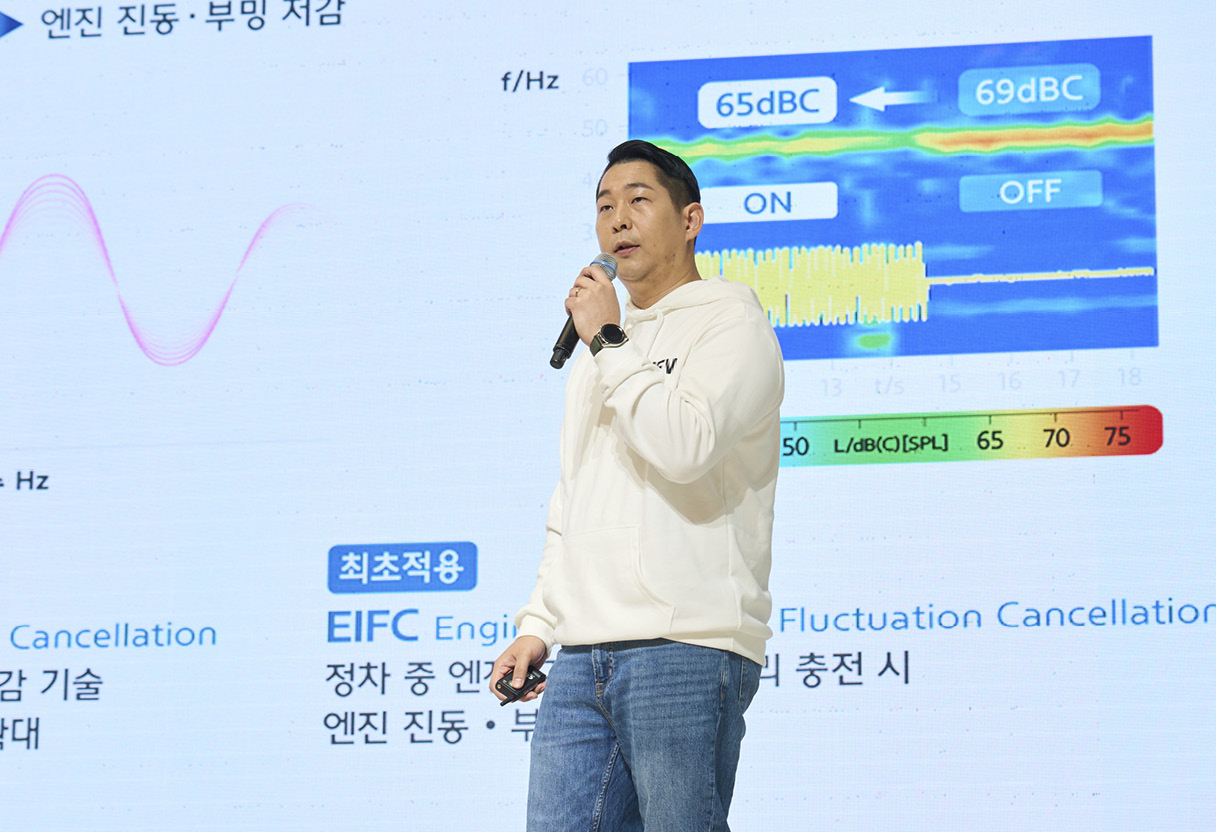 현대차그룹 차세대 하이브리드 시스템 테크데이에서 발표 중인 MLV전동화운전성시험팀 최재영 PL의 모습