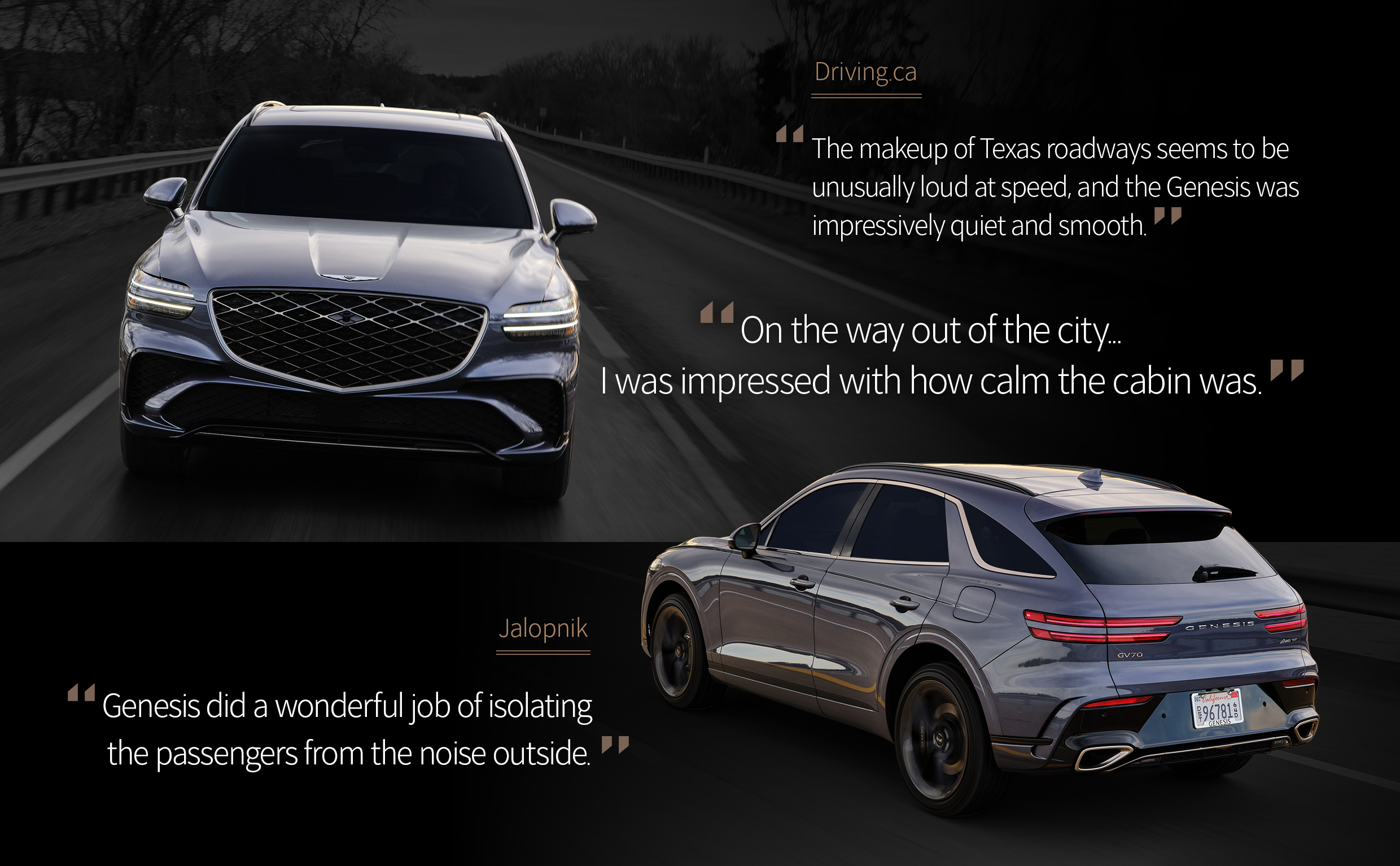A summary image of journalists' reviews of the Genesis GV70 test drive