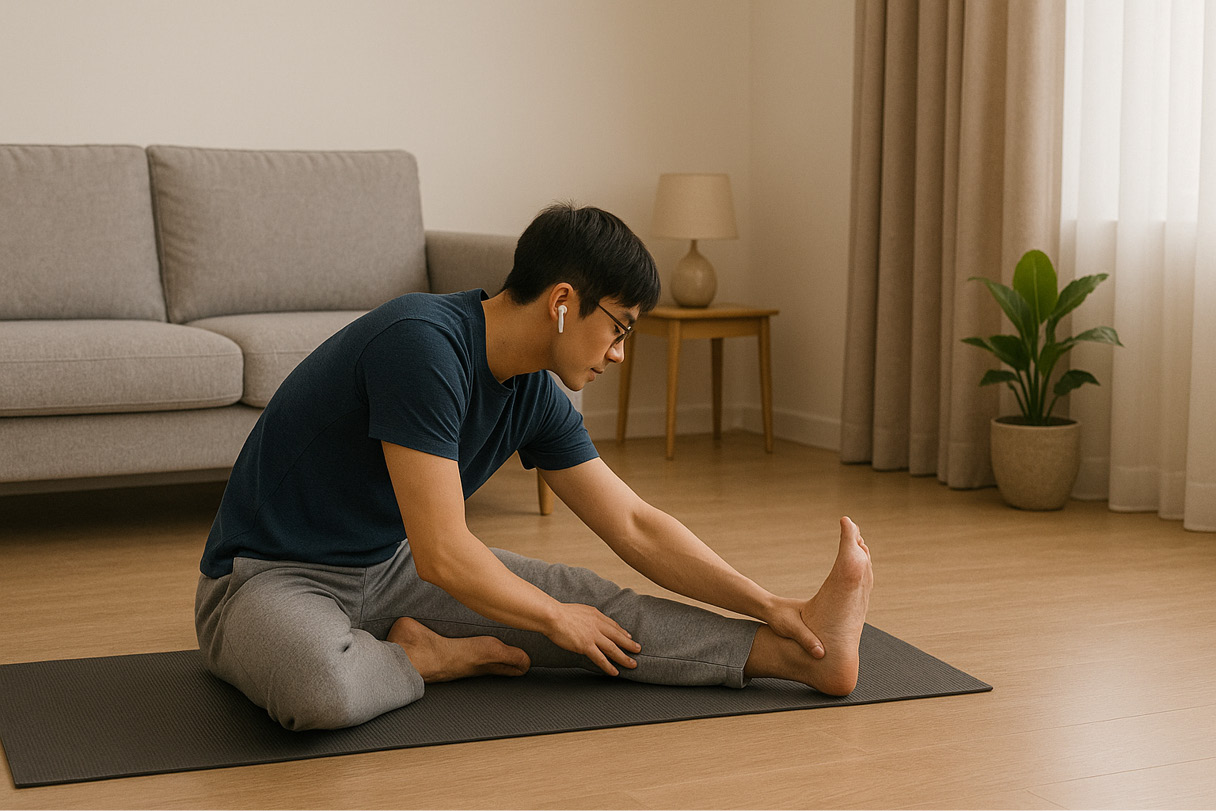 남성이 팟캐스트를 들으며 운동하는 모습