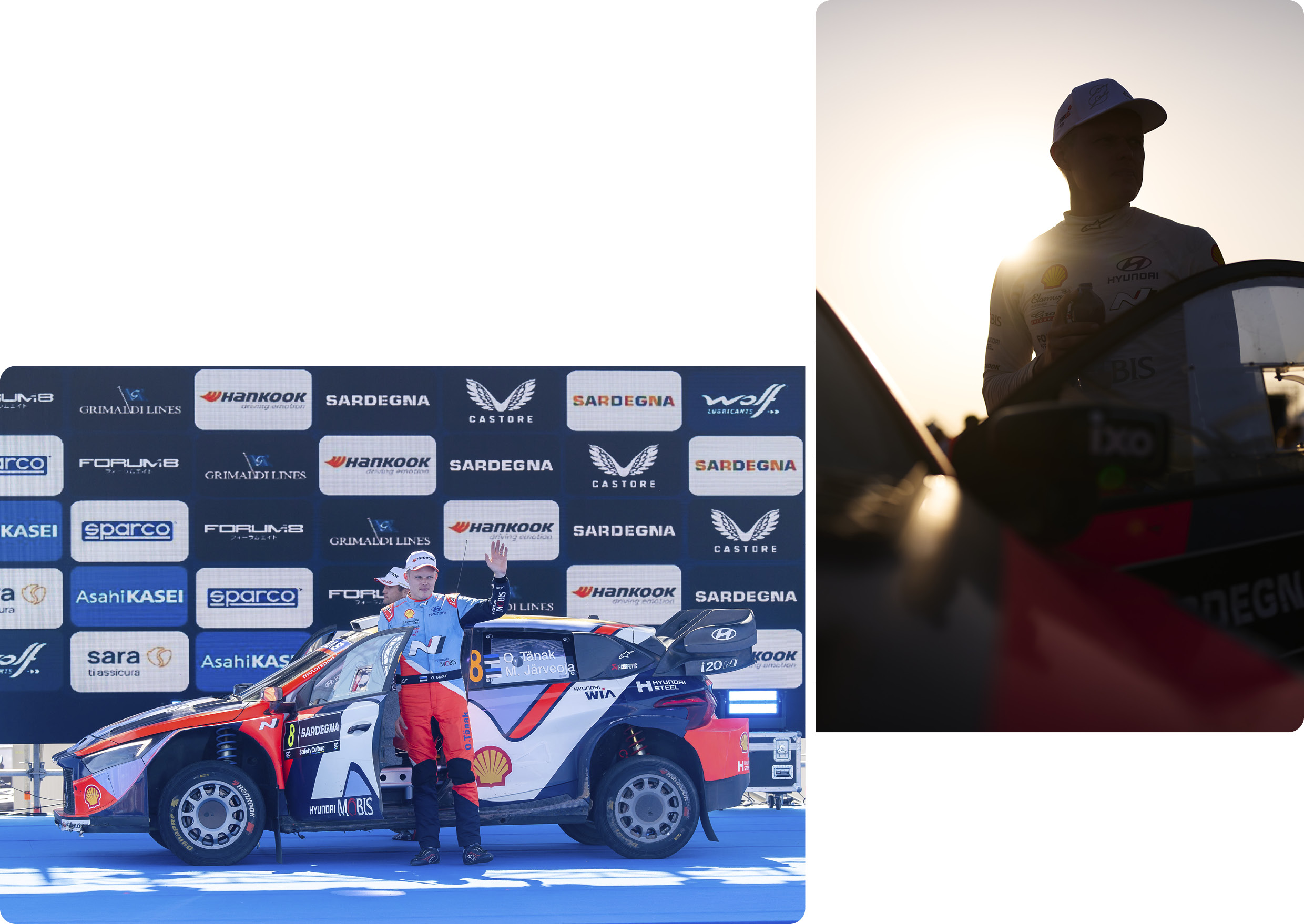 Driver standing next to rally car