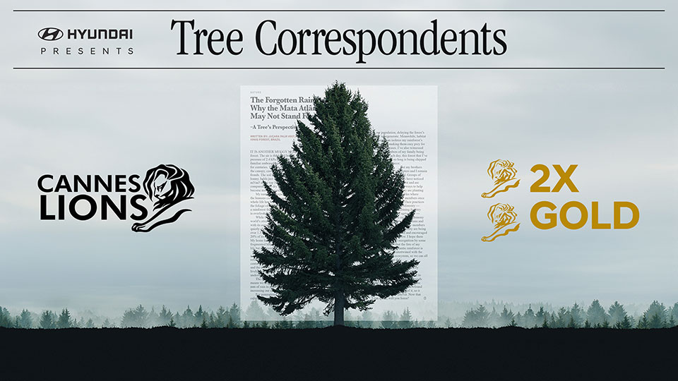 국제 광고제 ‘칸 라이언즈(Cannes Lions) 2025’의 디지털 크래프트(Digital Craft) 카테고리 내 2개 부분에서 금사자상(Gold Lions, 금상), 1개 부문에서 은사자상(Silver Lions, 은상)을 수상한 CSR 홍보 캠페인 ‘나무 특파원(Tree Correspondents)’의 대표사진
