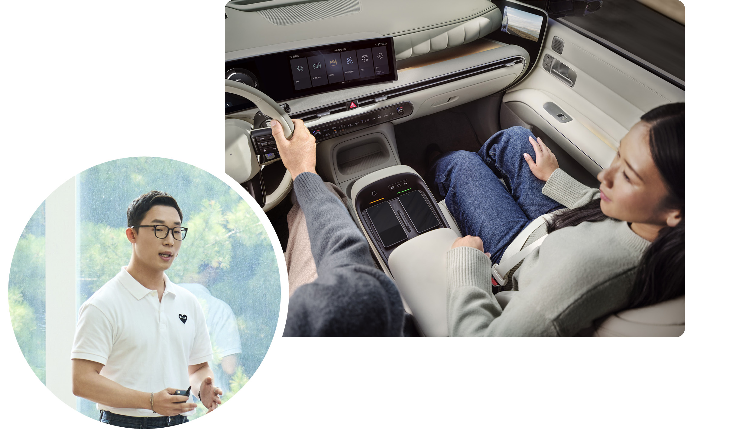 디 올 뉴 넥쏘의 실내와 편의장비 구성에 대해 설명 중인 정현준 연구원