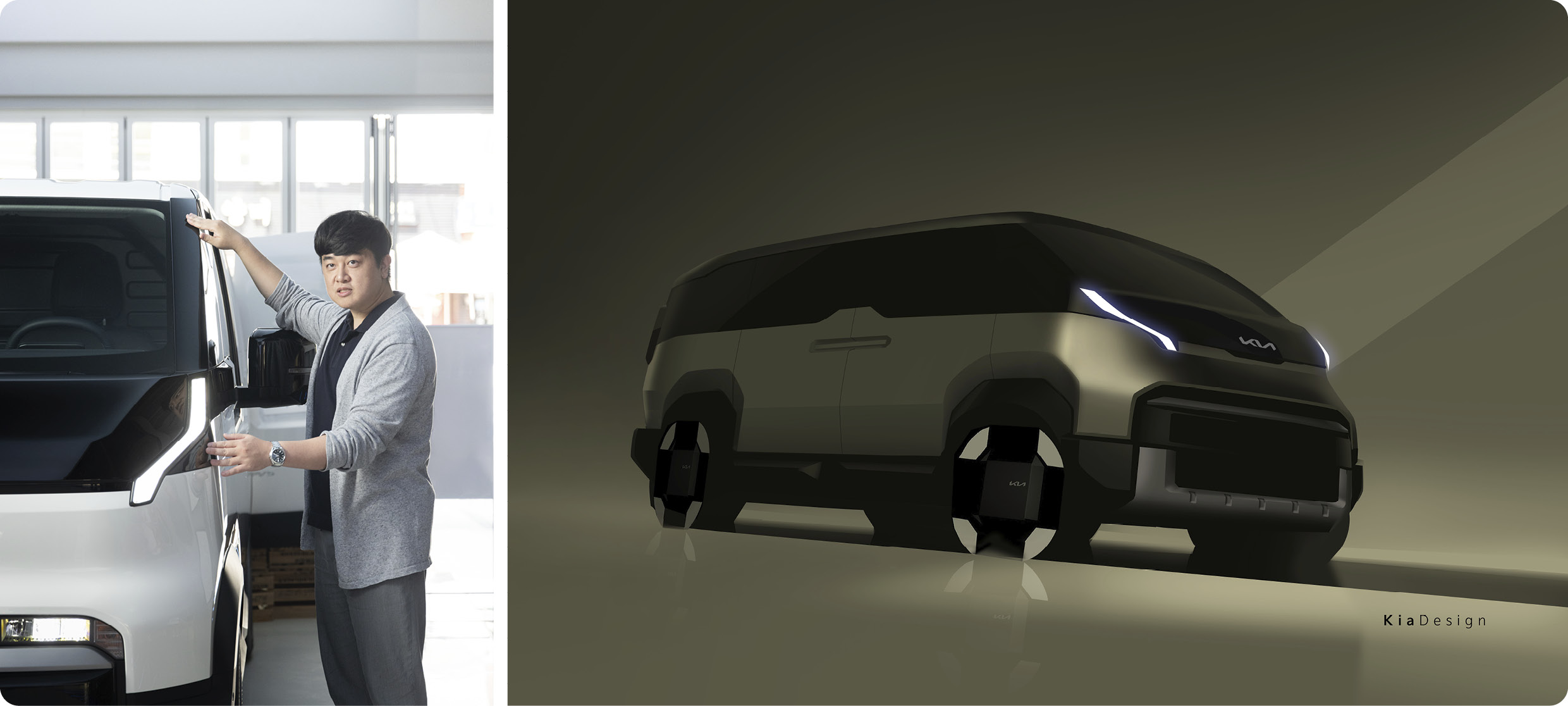 기아 PV5의 주간주행등 디자인을 설명하는 연구원의 모습