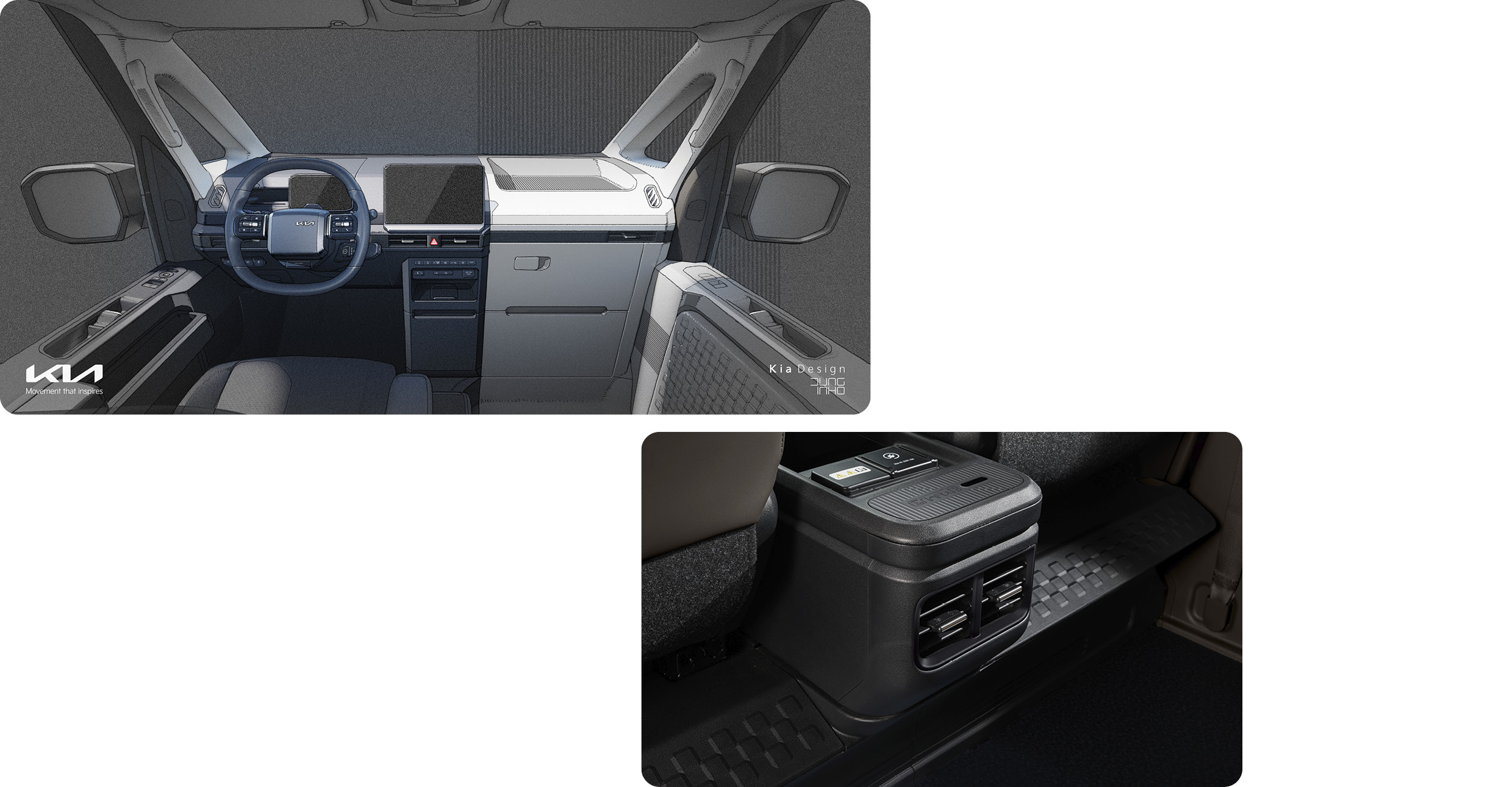 기아 PV5 실내 특징을 보여주는 사진들