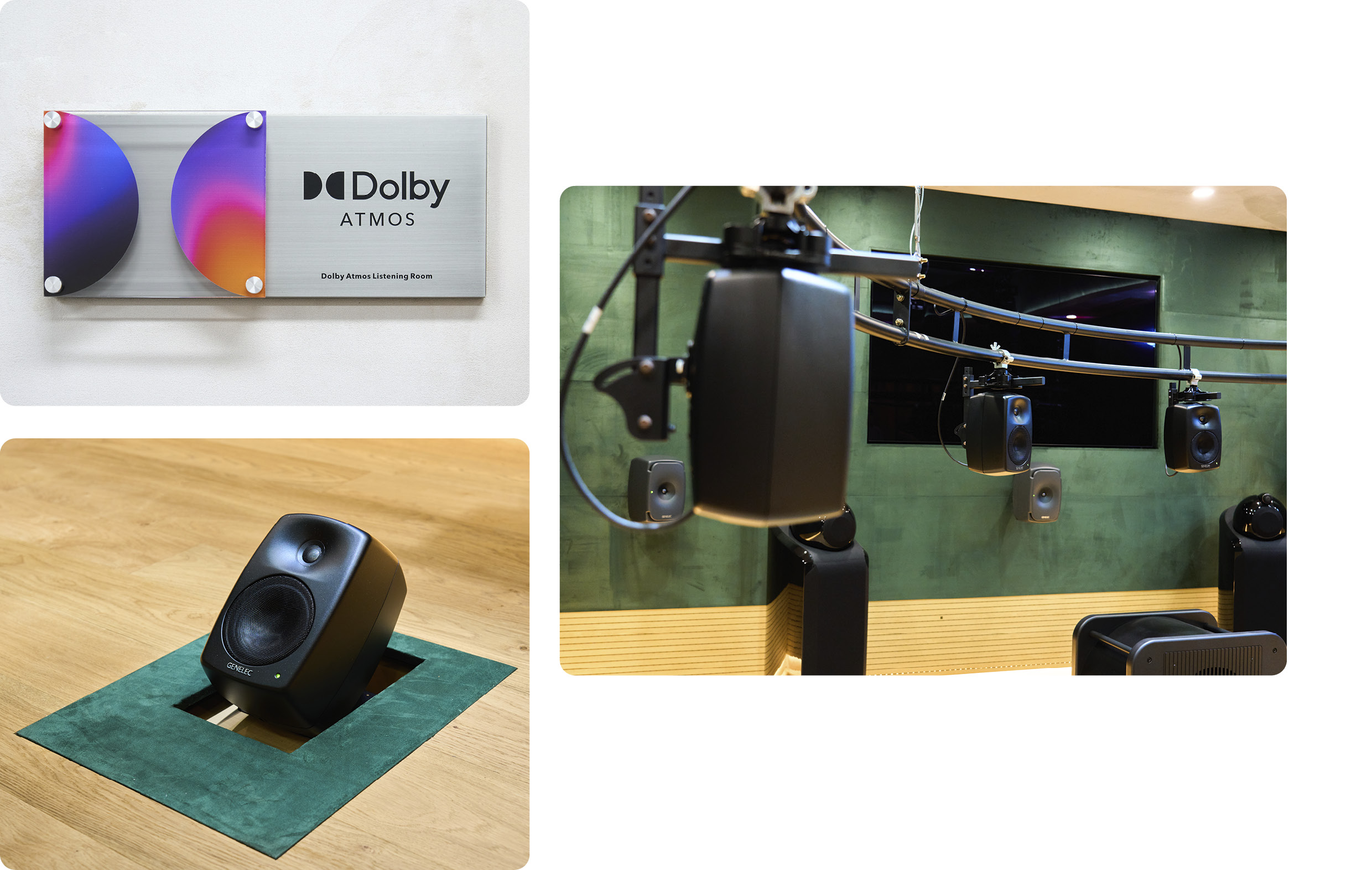 Various speakers in the immersive sound listening room