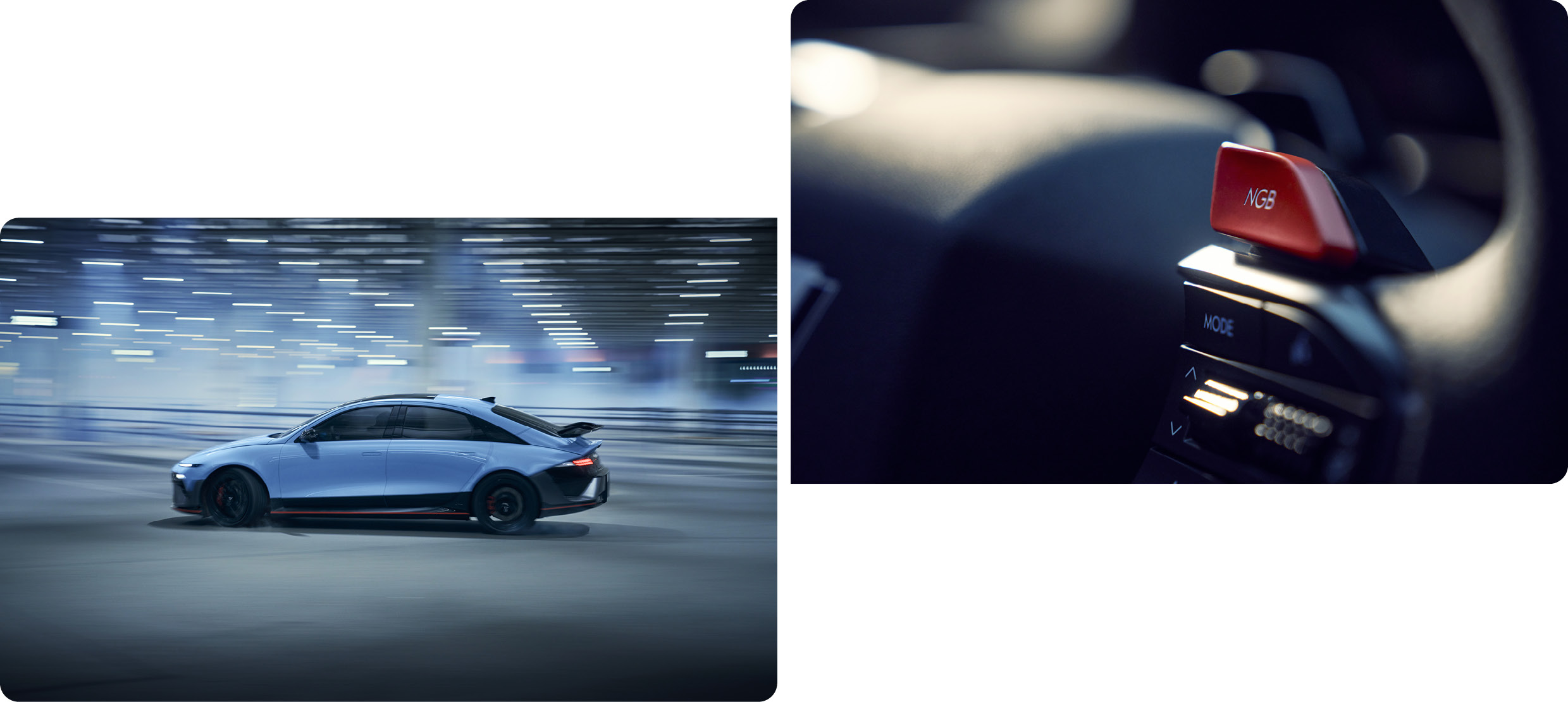 아이오닉 6 N의 주행 모습과 NGB 버튼을 클로즈업한 사진