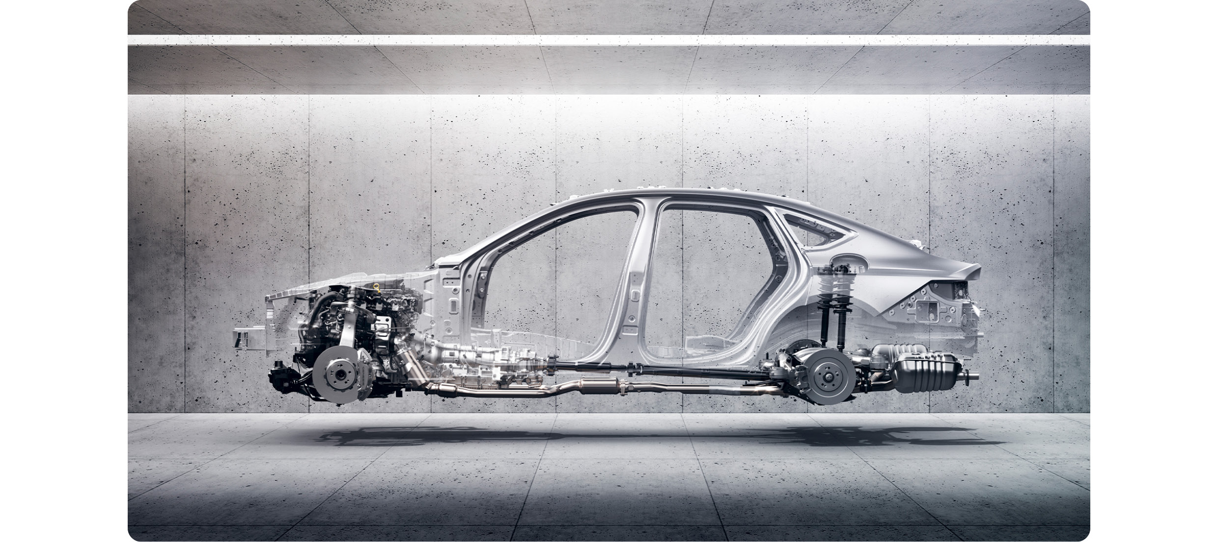 자동차 주요 골격이 노출된 측면 모습