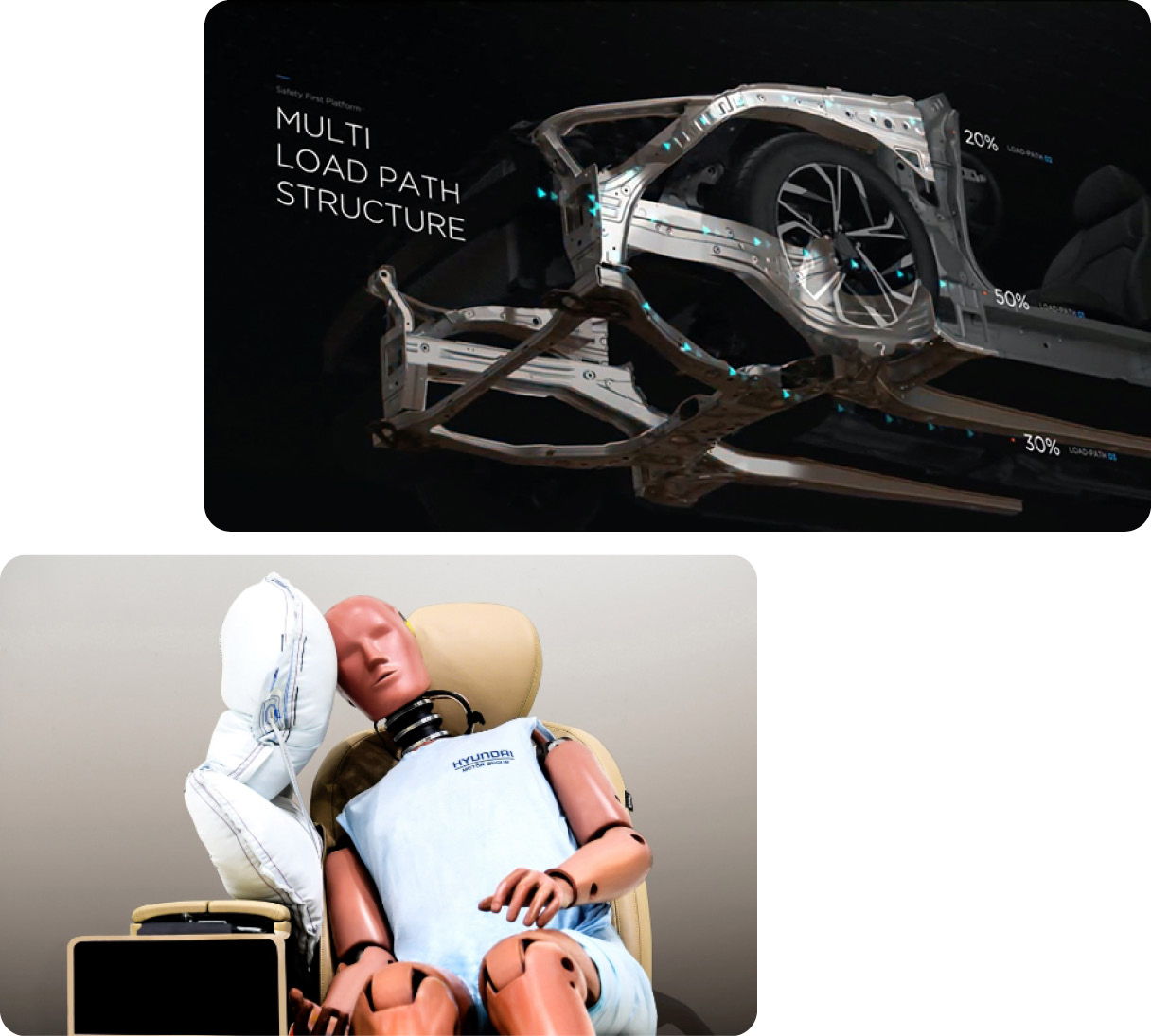 전방 다중 골격 구조와 센터 사이드 에어백 기술 설명 그래픽