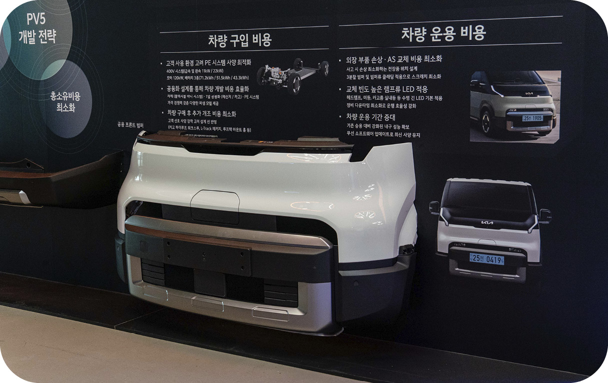 PV5 테크데이에 전시되어 있는 부품 전시물