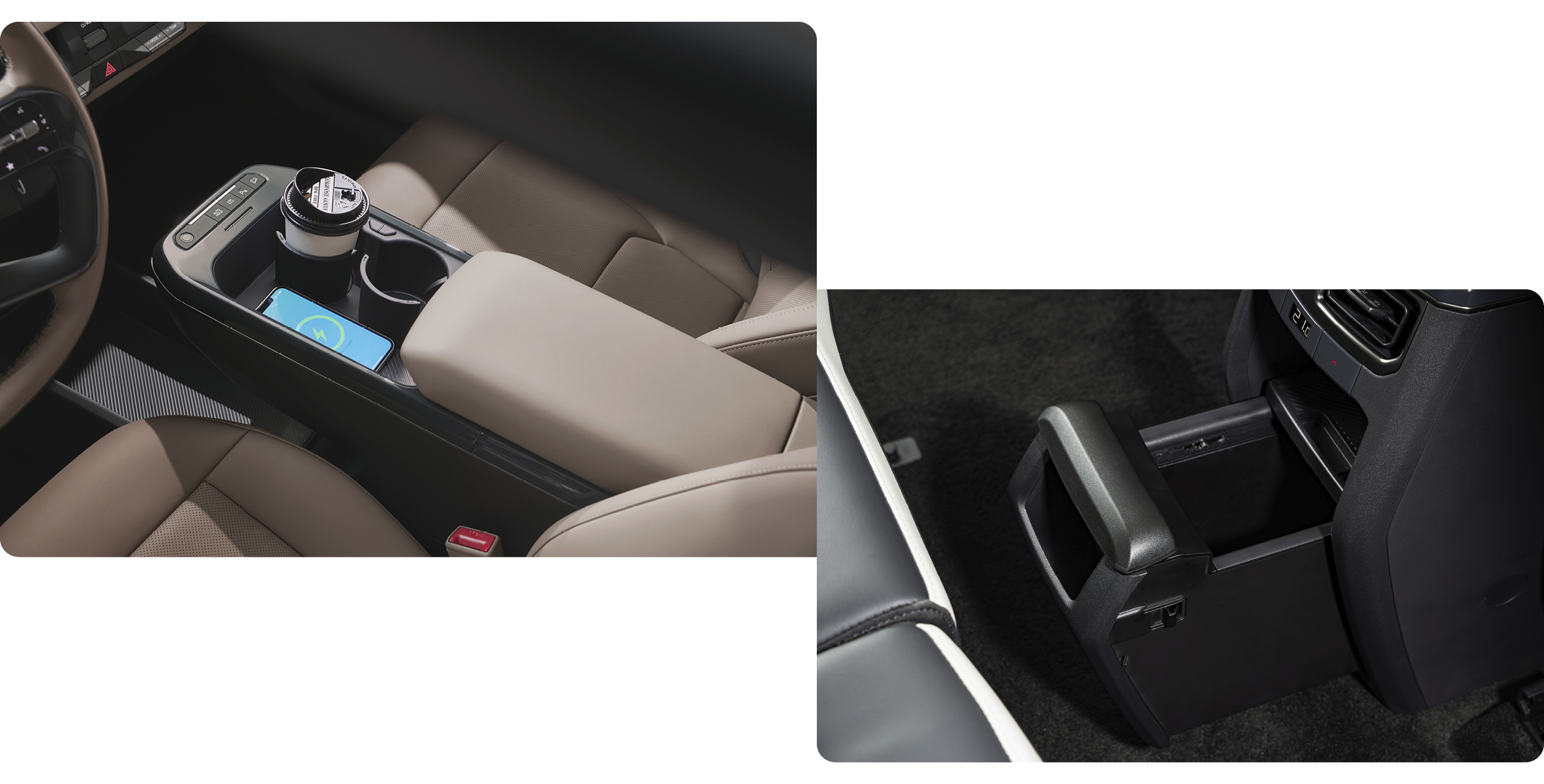 더 기아 EV5의 센터 콘솔 및 뒷좌석 슬라이딩 트레이의 모습