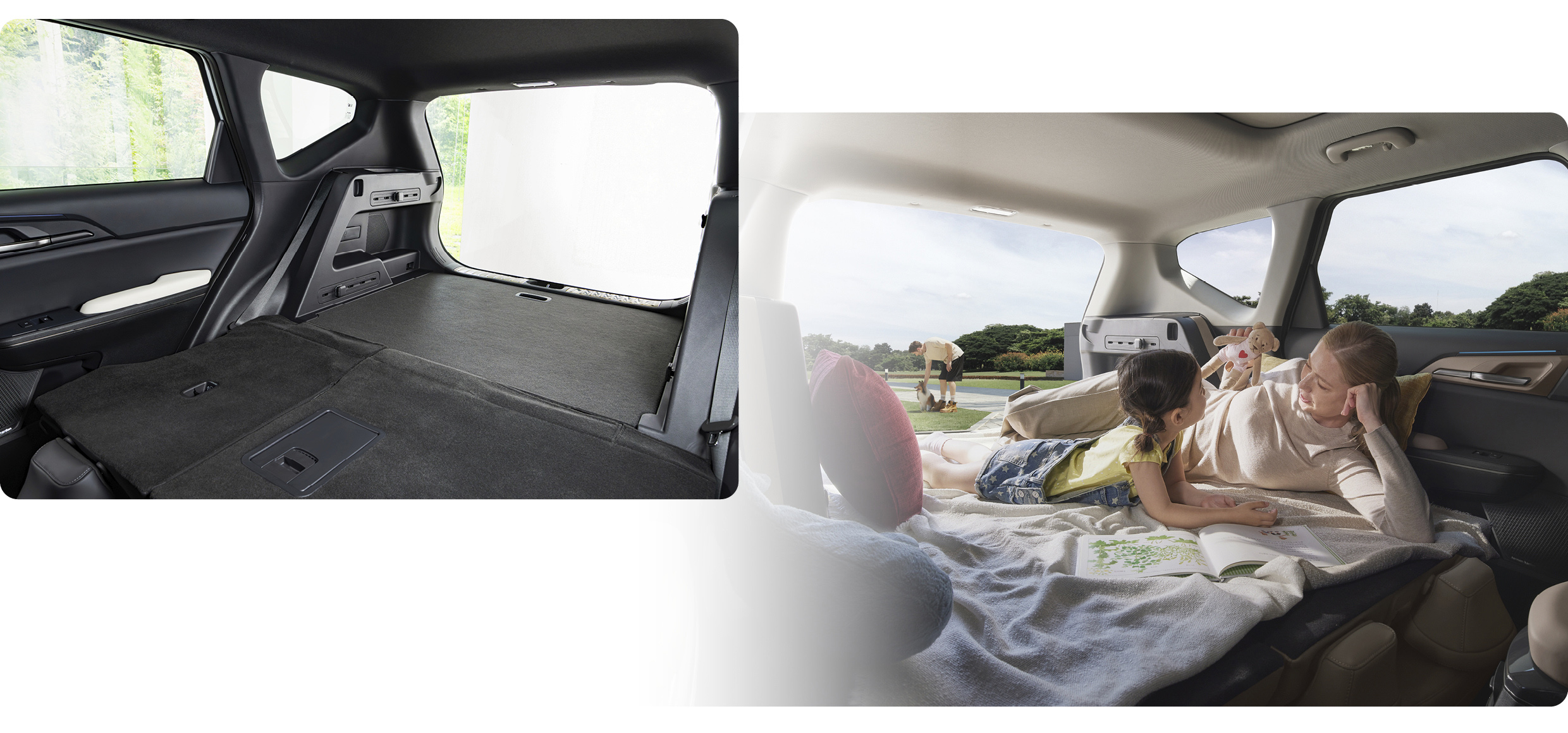 더 기아 EV5의 뒷좌석을 풀 플랫하게 접은 모습