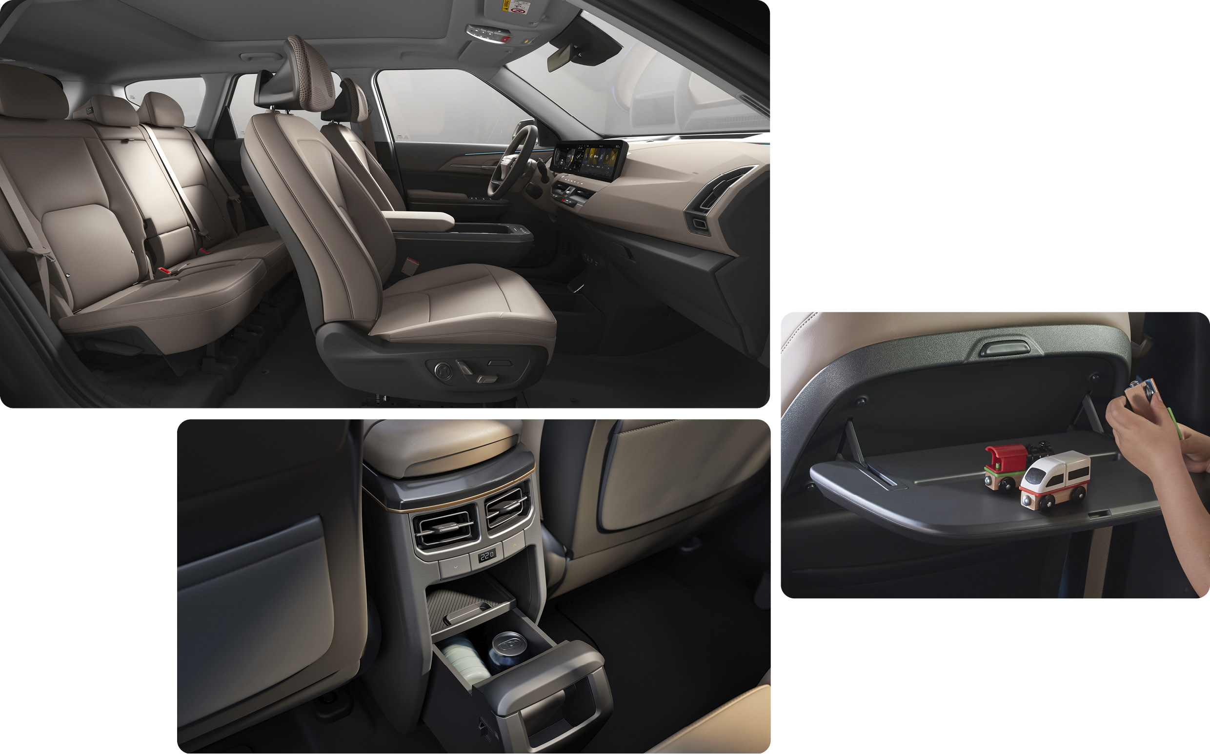 EV5 1~2열 실내 주요 특징인 시트백 테이블, 슬라이딩 센터 콘솔