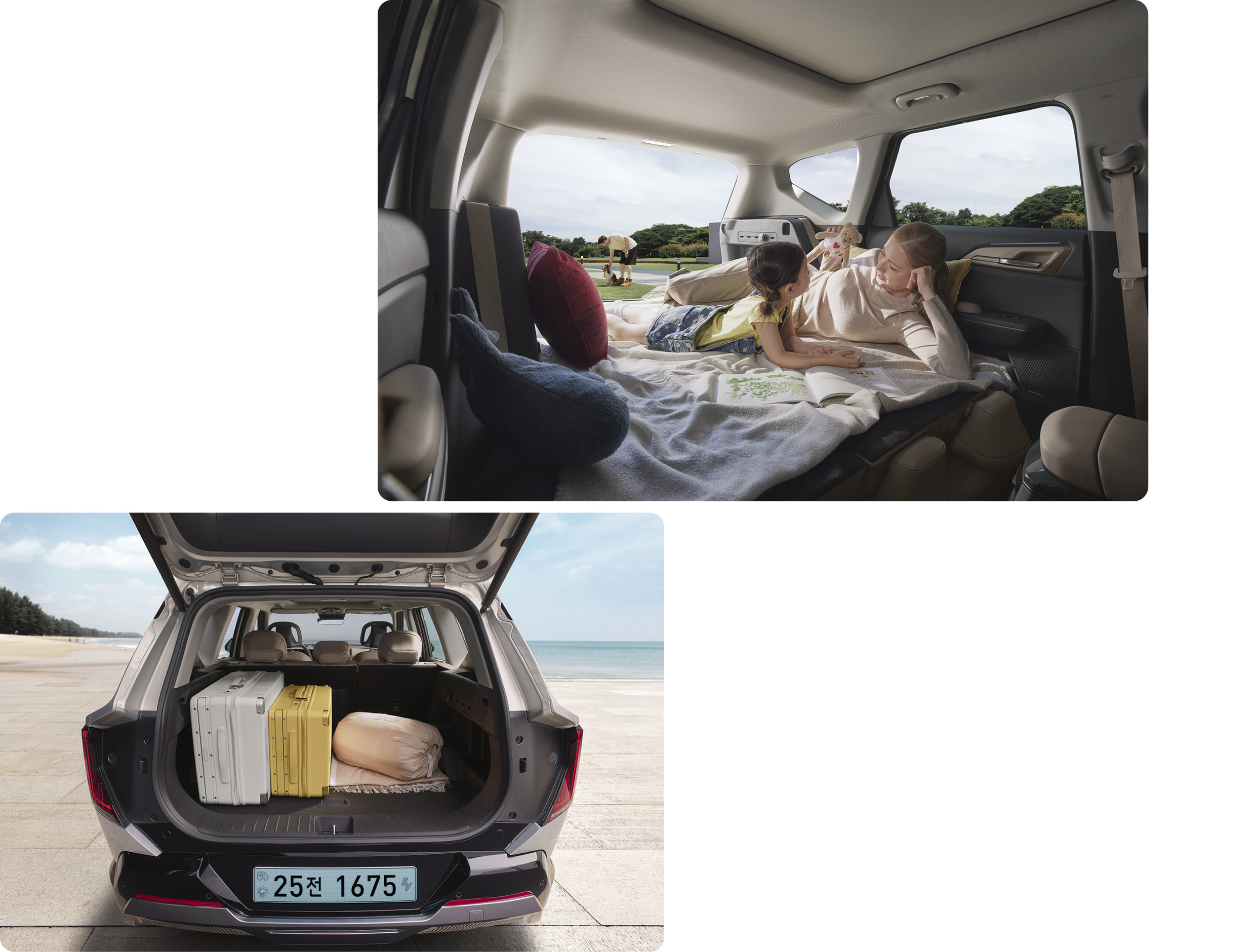 EV5 러기지룸 활용 예시 및 시트 폴딩 연출 풀 플랫 공간