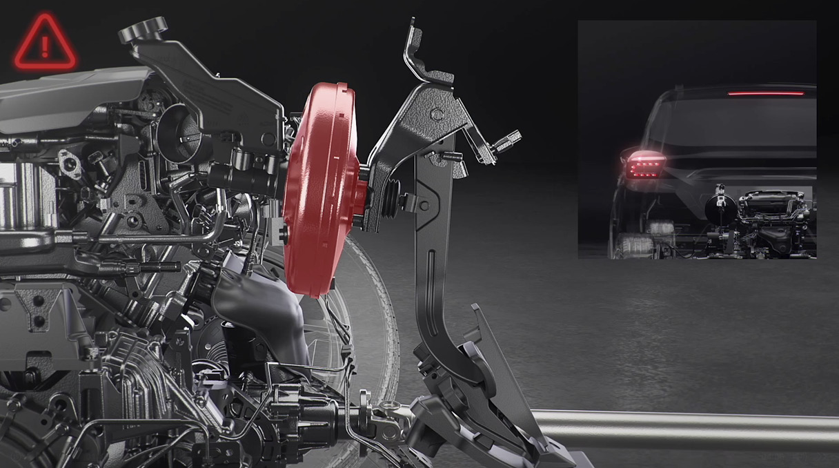 자동차의 브레이크 시스템에서 부스터에 문제가 생긴 상황을 표현한 모습