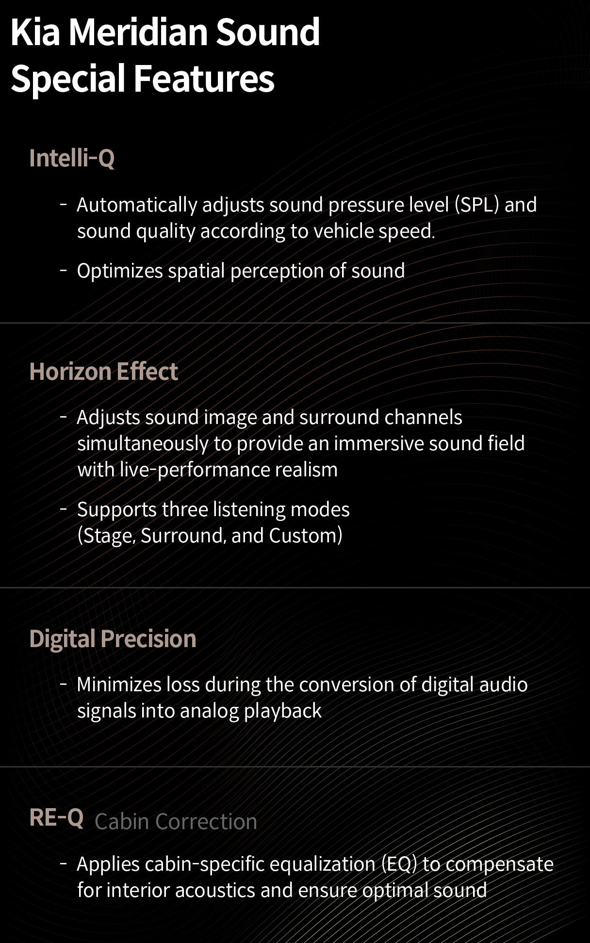 Infographic describing the specialized features of the Kia Meridian sound