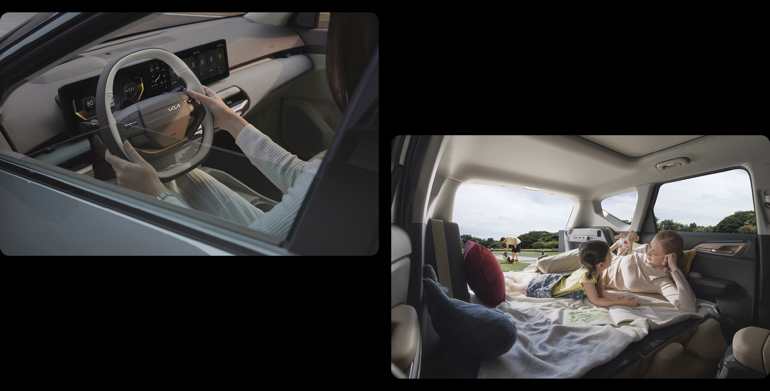 차량 실내에서 다양한 활동을 하는 탑승자들의 모습