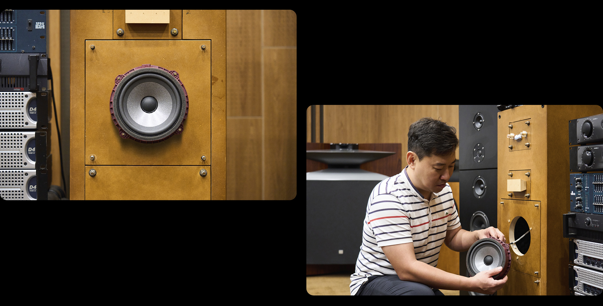 청취실에서 스피커를 테스트하는 연구원의 모습