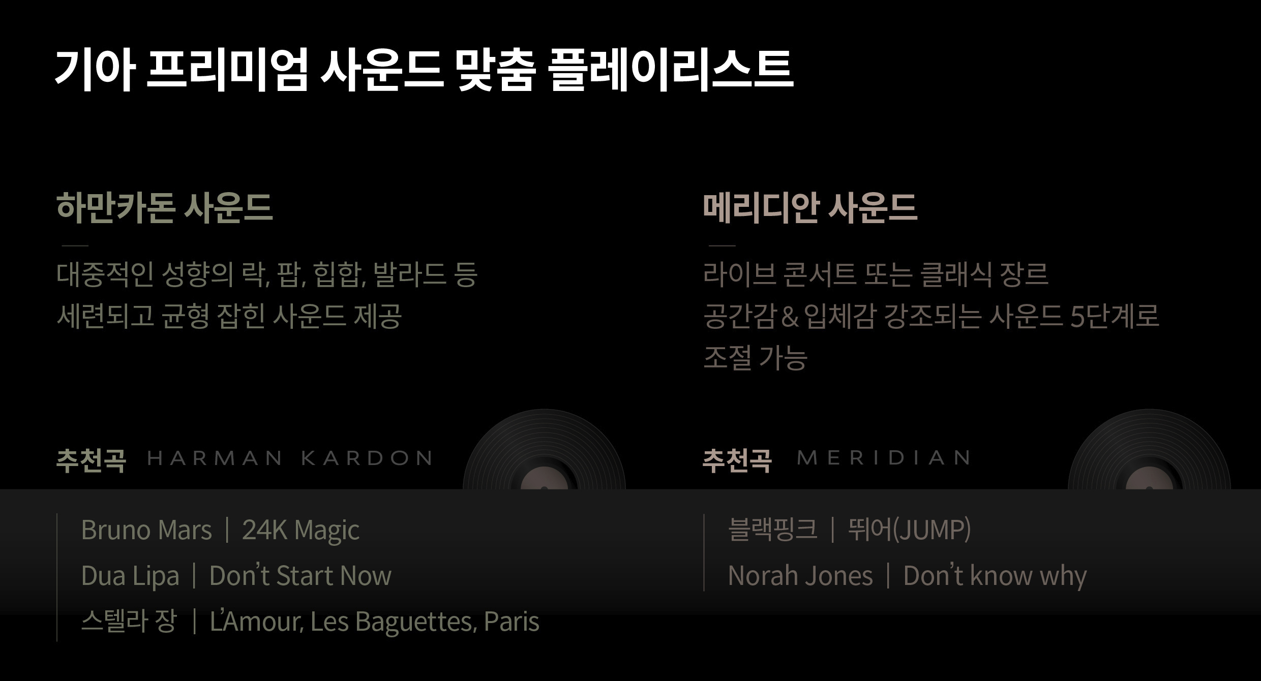 각 사운드 시스템에 어울리는 추천곡을 소개하는 인포그래픽
