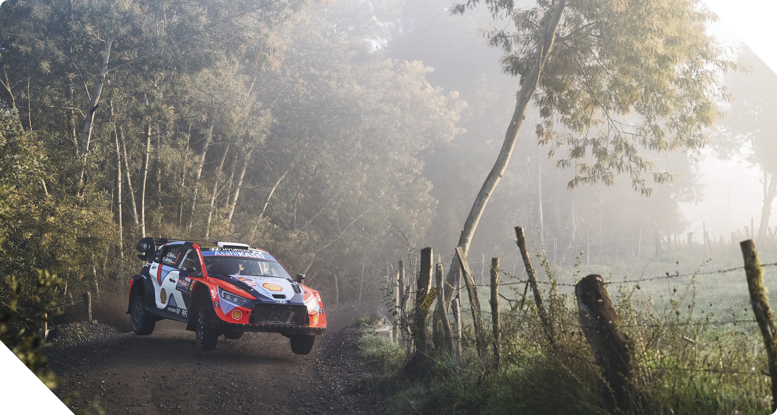 Hyundai Team's Rally Car Running on a Foggy Course