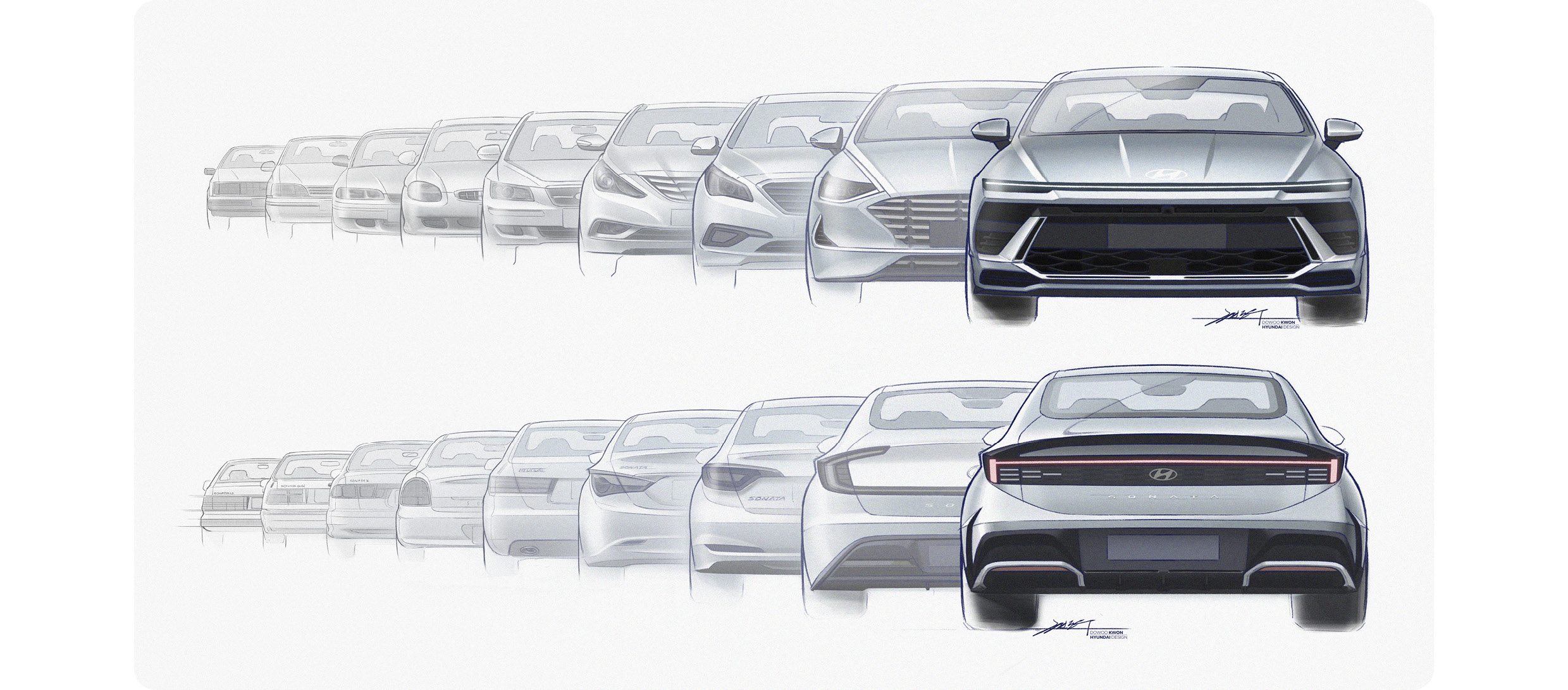 역대 쏘나타 세대별 전후면 모습