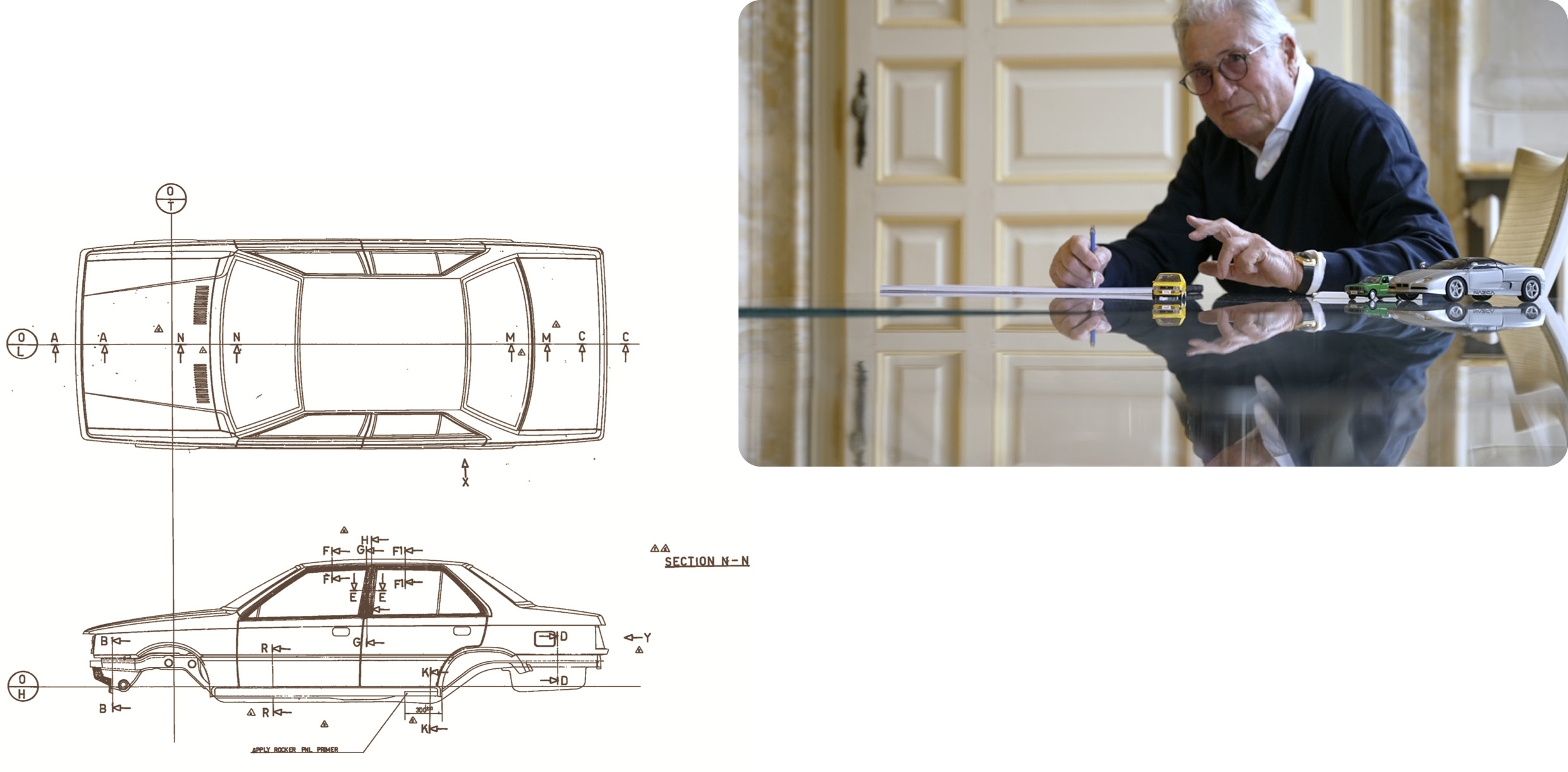 스텔라 보디 도면과 이를 디자인한 조르제토 주지아로가 테이블에 앉은 모습