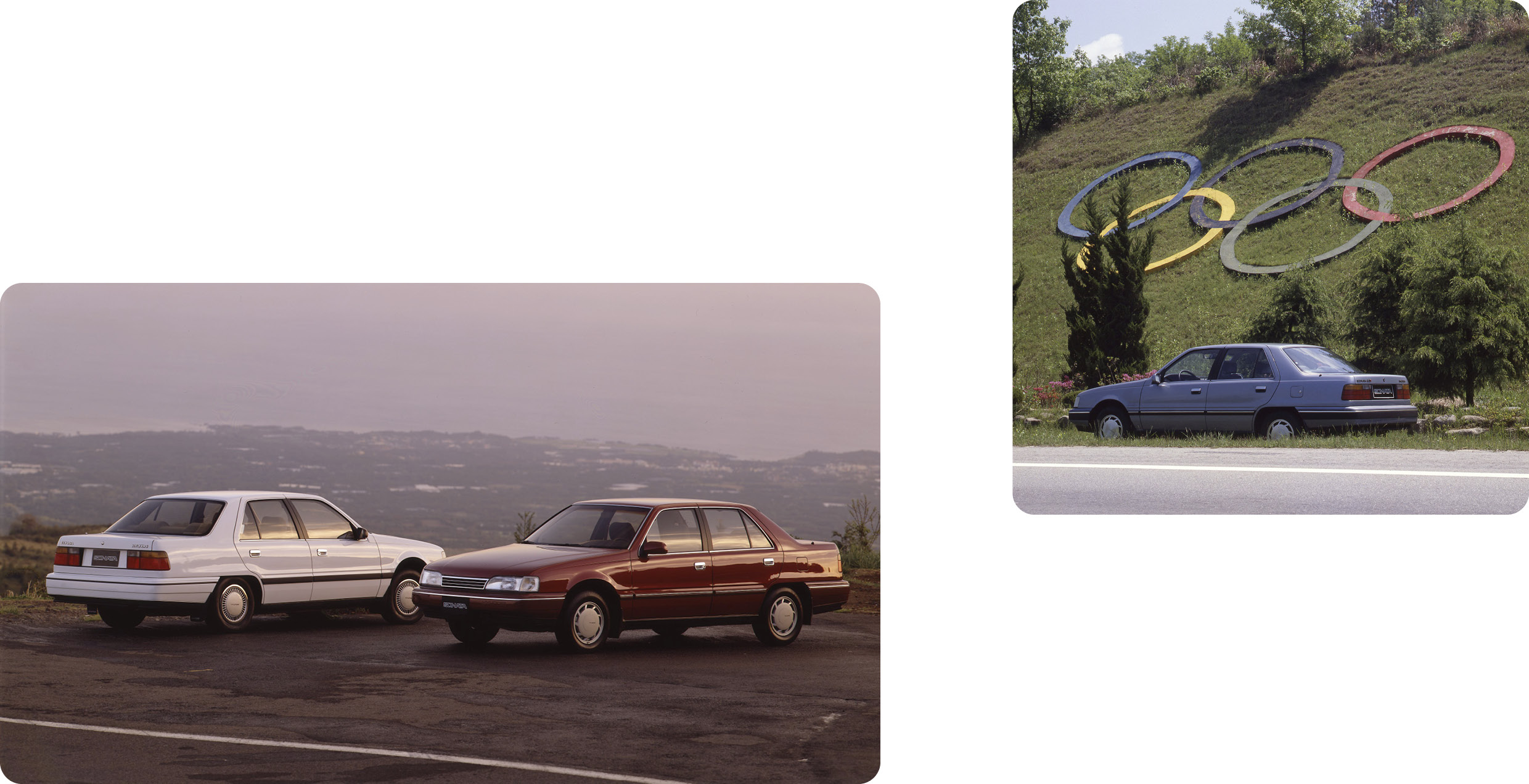 2세대 쏘나타 전후측면 모습과 올림픽 상징물 앞에 정차한 후측면 모습