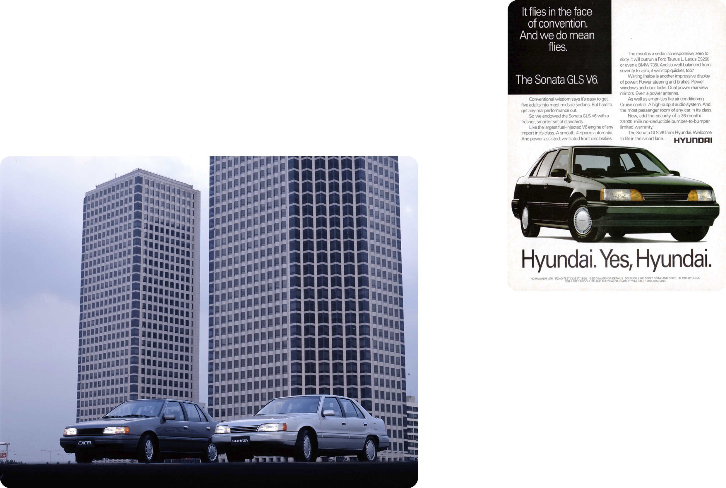 여의도 빌딩 앞에 정차한 엑셀과 2세대 쏘나타 전측면 모습, 2세대 쏘나타 미주 광고 모습