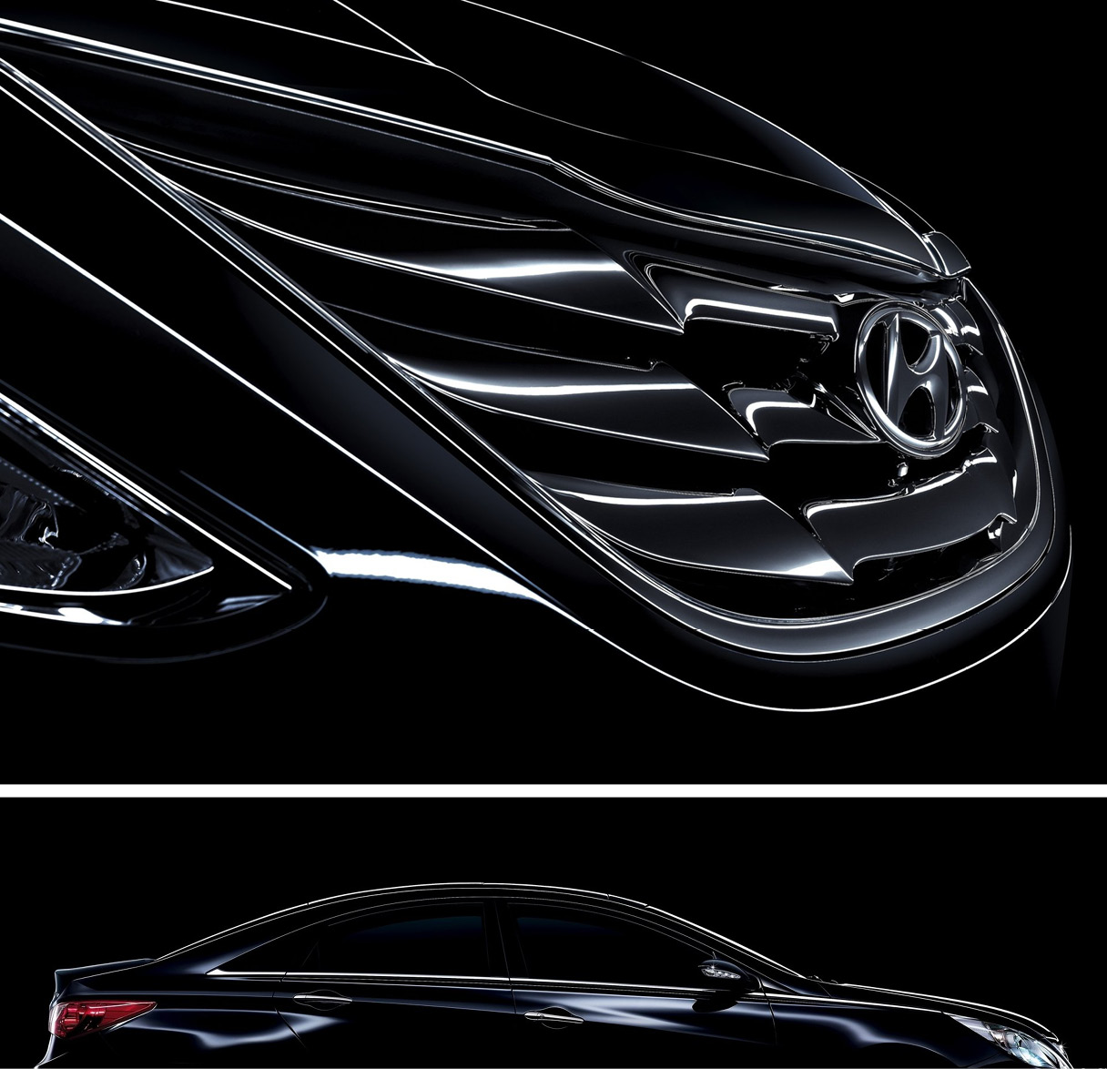 6세대 쏘나타의 보디 실루엣을 강조한 정측면 모습 및 라디에이터 그릴 클로즈업 모습