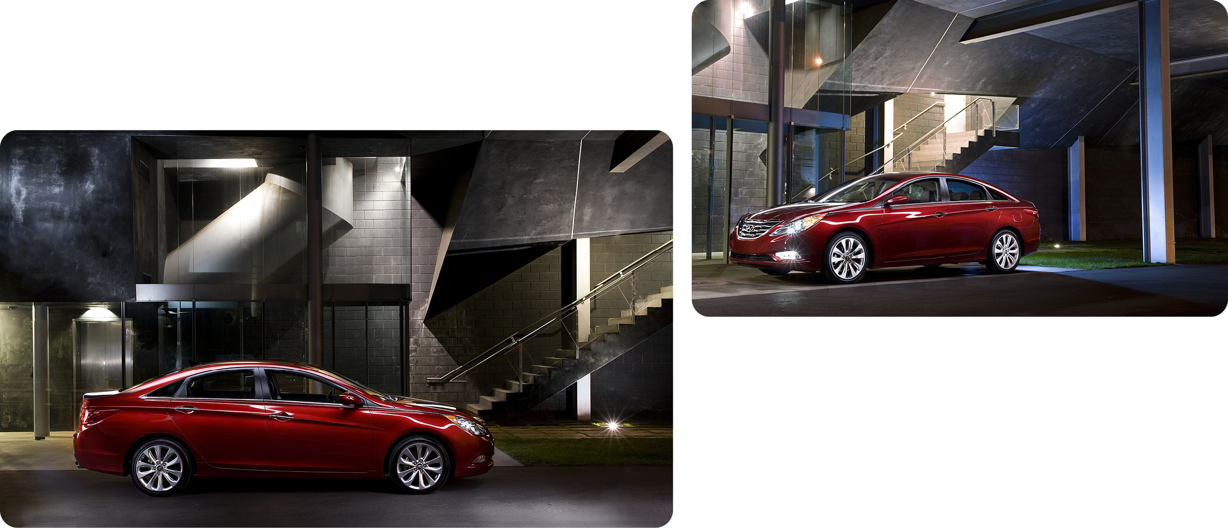 빌딩 1층에 주차한 6세대 쏘나타의 전측면 및 정측면 모습