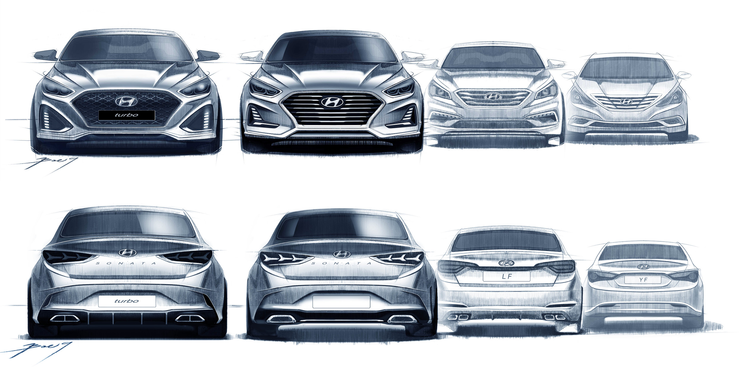 7세대 쏘나타 부분변경 및 부분변경 이전 모델 전후면 스케치