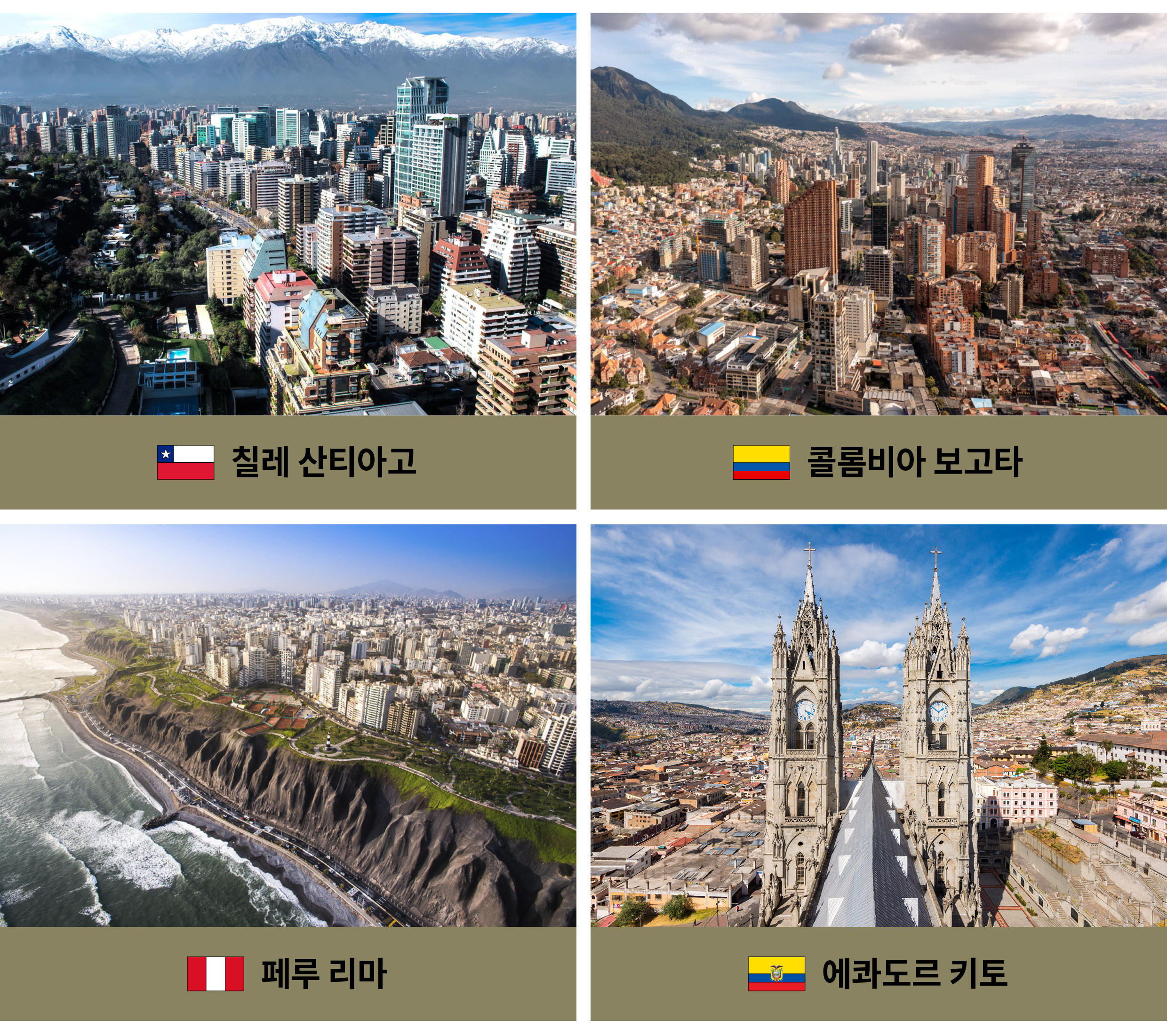 산티아고, 보고타, 리마, 키토 도시 모습