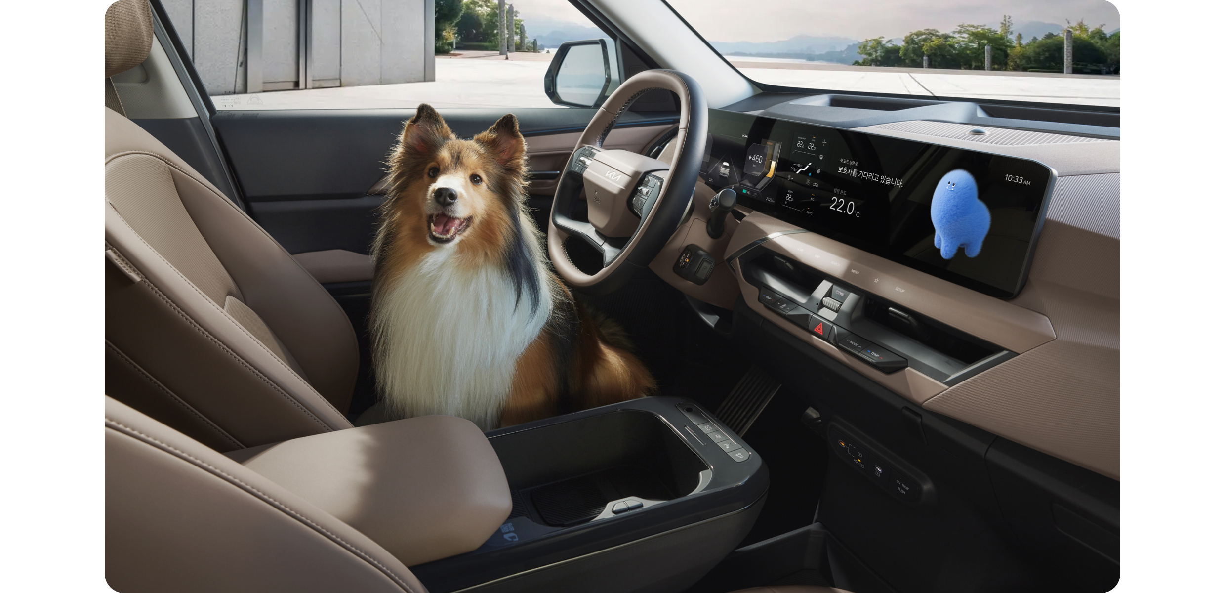 강아지가 차량 실내 운전석 시트에 앉아있는 사진
