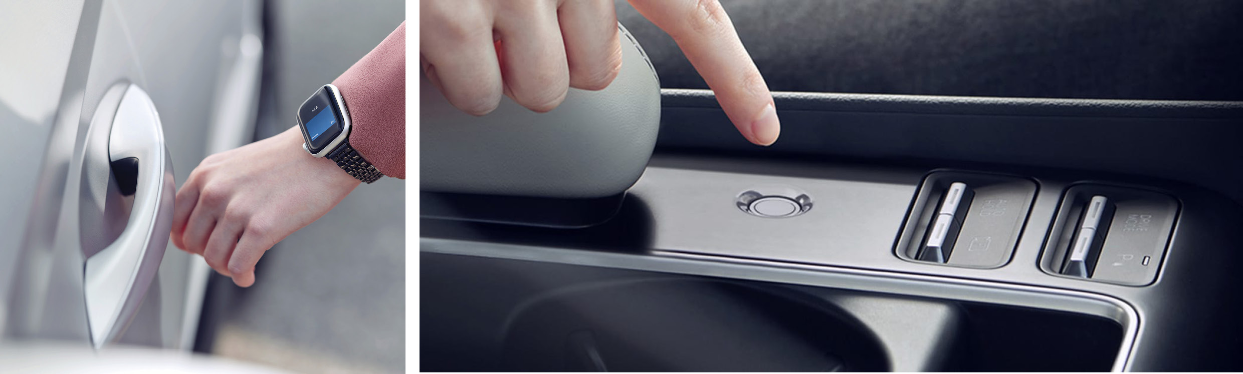 8세대 쏘나타에 탑재된 디지털 키 2로 자동차에 출입하고 실내 지문 인증을 사용하는 모습