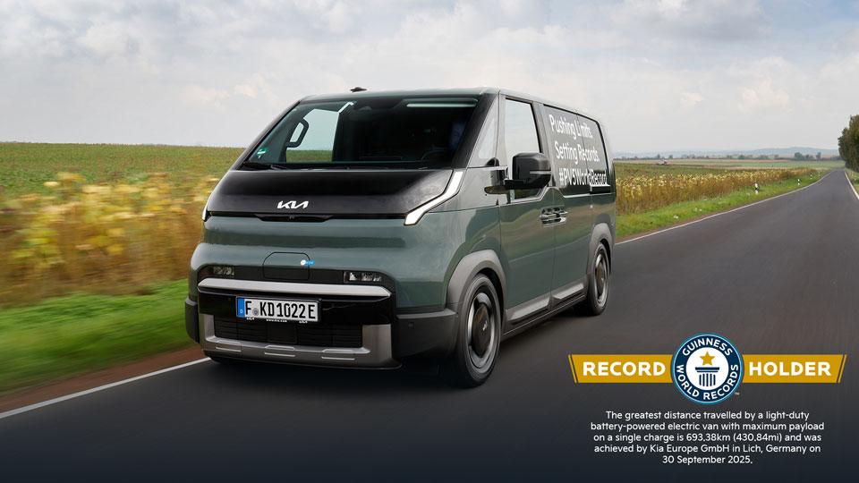 The Kia PV5 Cargo sets a GUINNESS WORLD RECORDSTM title: 693.38 kilometers on a single charge with maximum payload