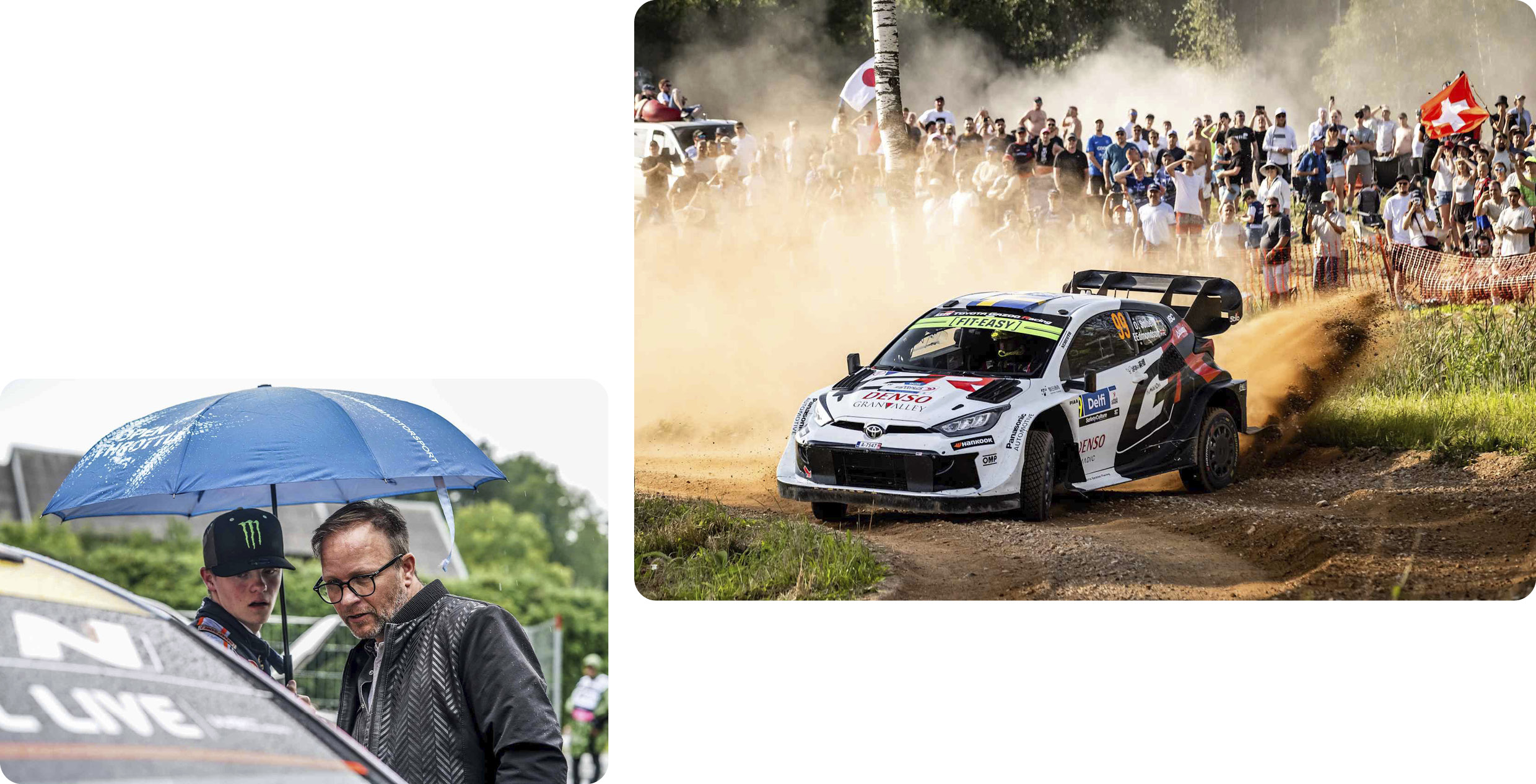 Oliver Solberg and his father staring at the rally car with umbrellas, the Toyota team rally car drifts down the unpaved road