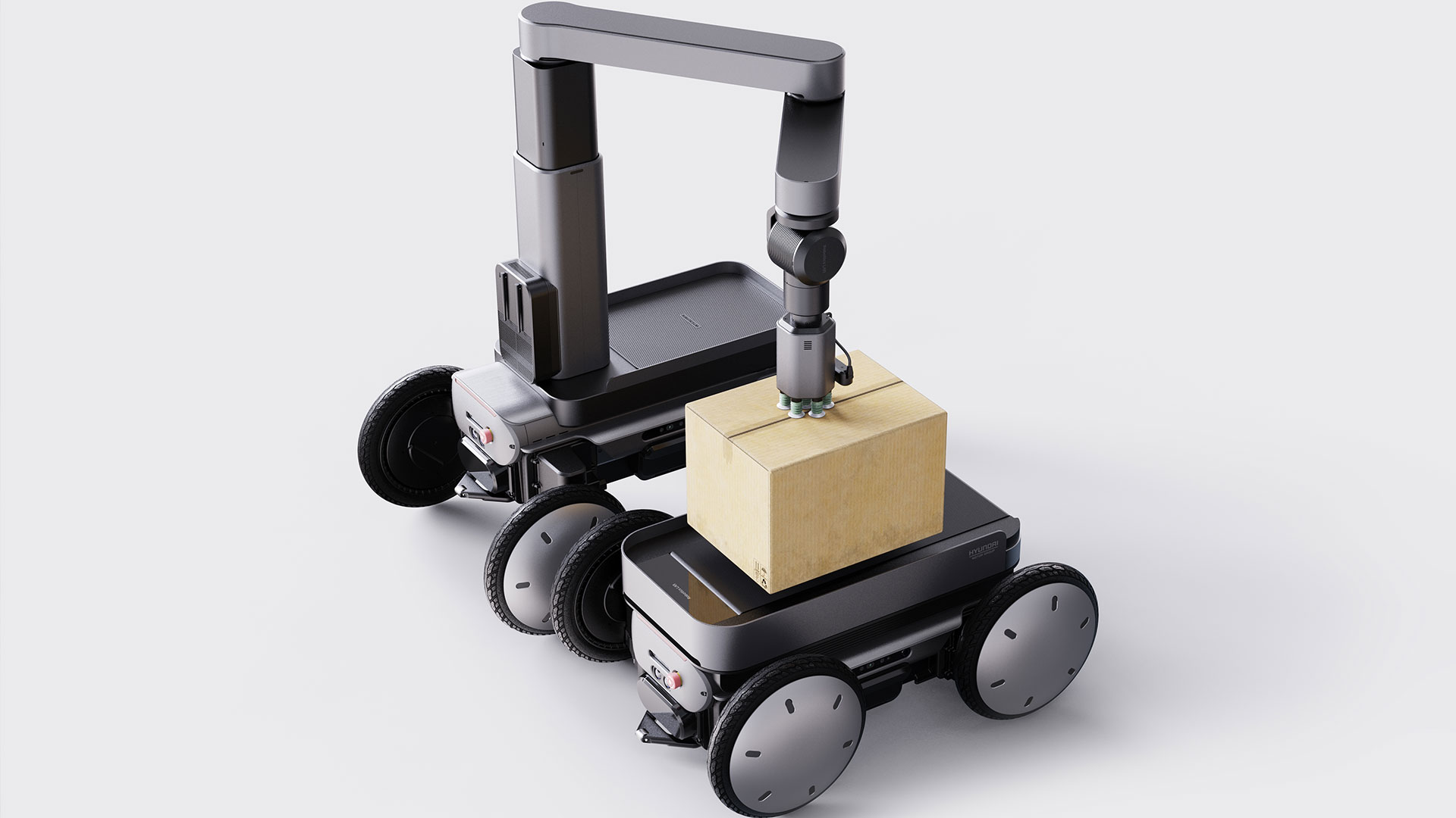 현대자동차·기아의 차세대 모빌리티 로봇 플랫폼 '모베드(MobED)'가 박스를 싣는 모습