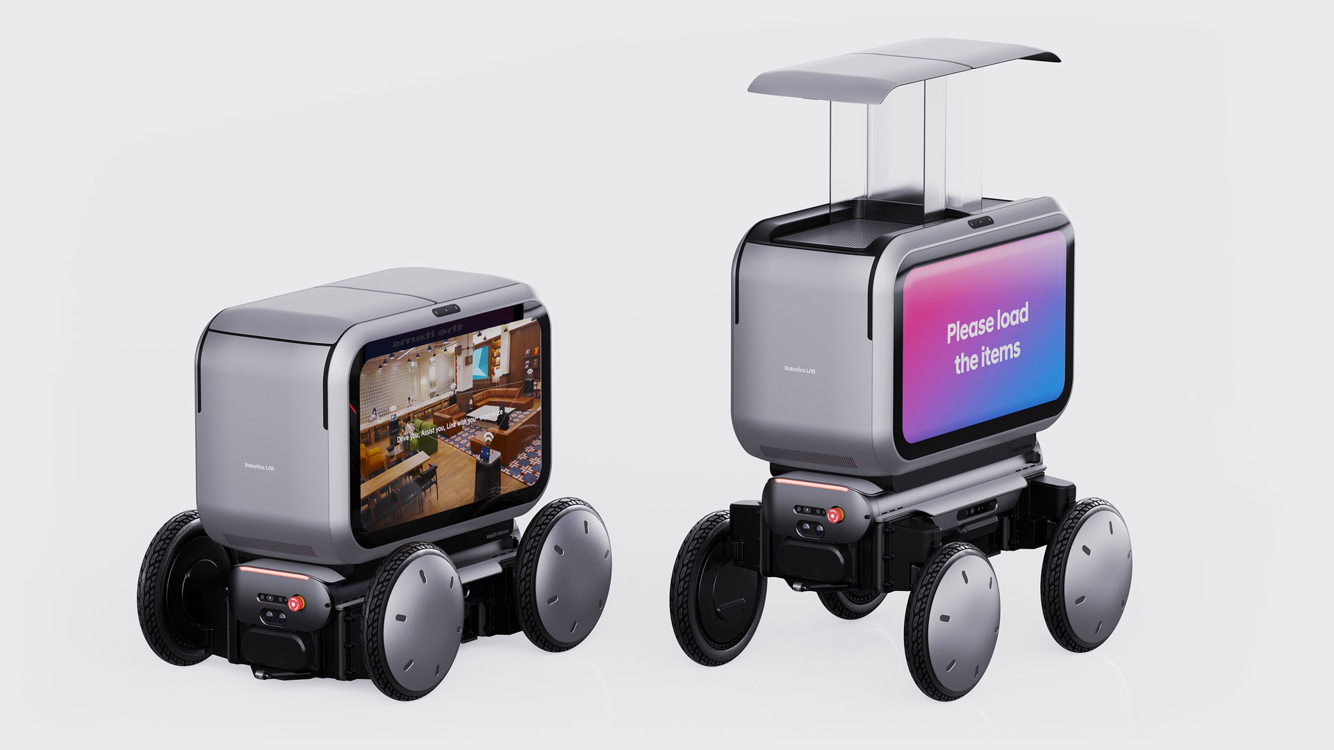 현대자동차·기아의 차세대 모빌리티 로봇 플랫폼 '모베드(MobED)'의 탑모듈 결합 콘셉트 모델 '모베드 딜리버리(MobED Delivery)'의 모습. (왼쪽) 디지털 사이니지를 부착한 모베드 딜리버리의 모습. (오른쪽) 물품 적재함을 열고있는 모베드 딜리버리의 모습