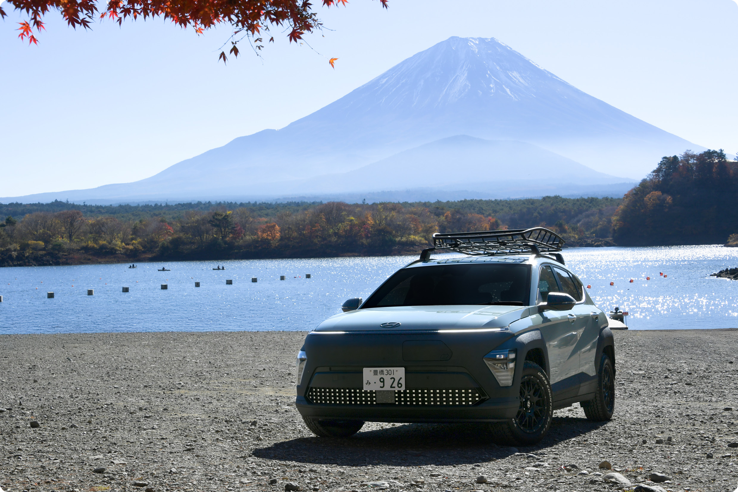 Hyundai Kona Electric Standing in the Background of Mount Fuji