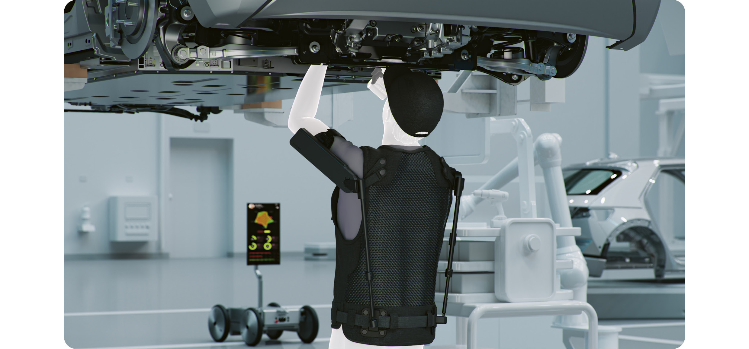 The person with the X-Ble shoulder is looking up and working on it