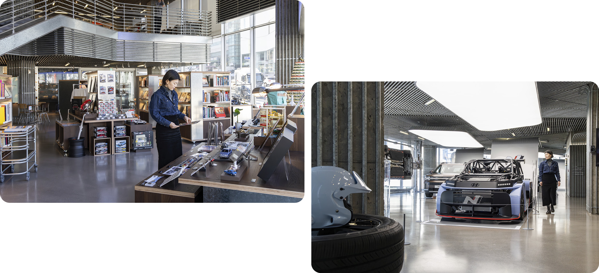 현대 모터스튜디오 서울의 실내를 둘러보는 모습