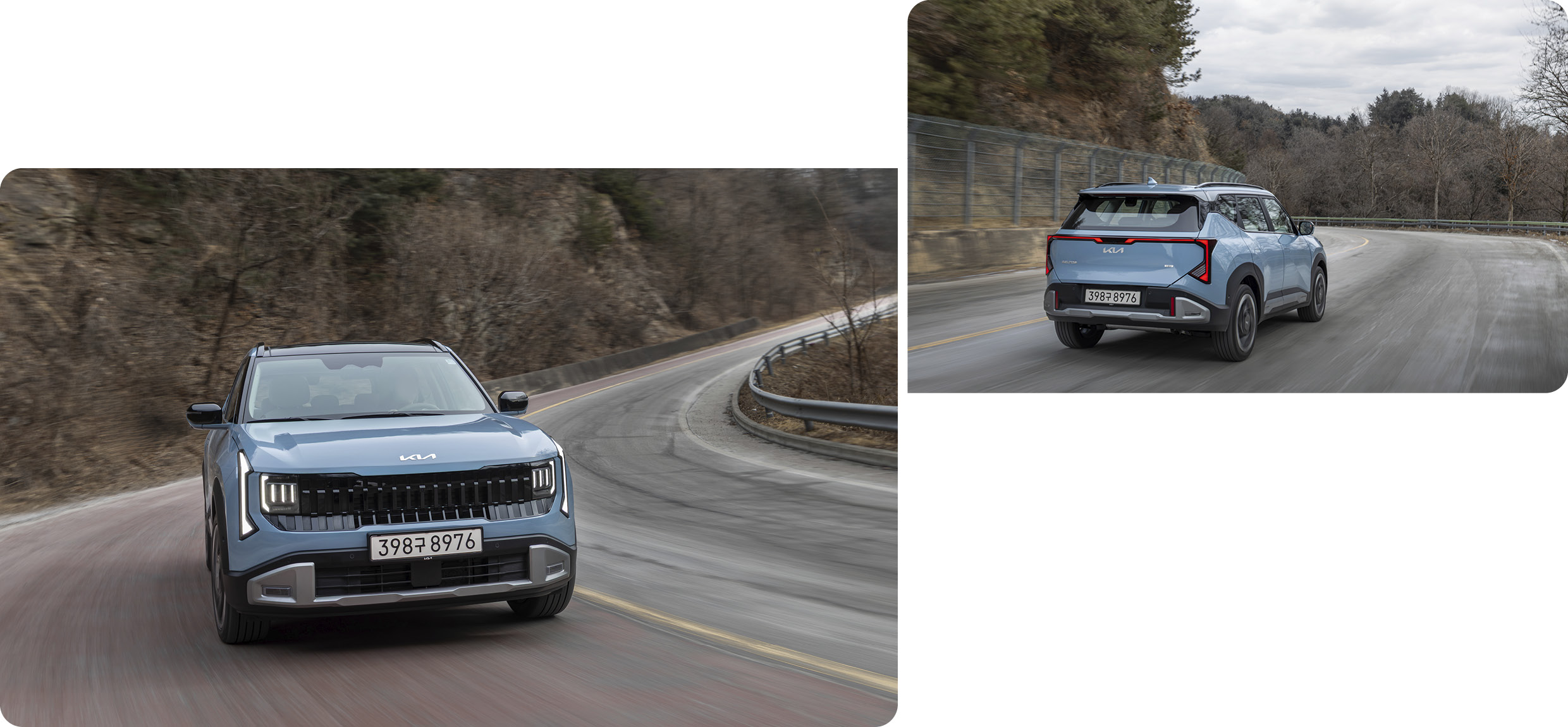 고갯길을 주행하는 셀토스 전측면 및 후측면 모습