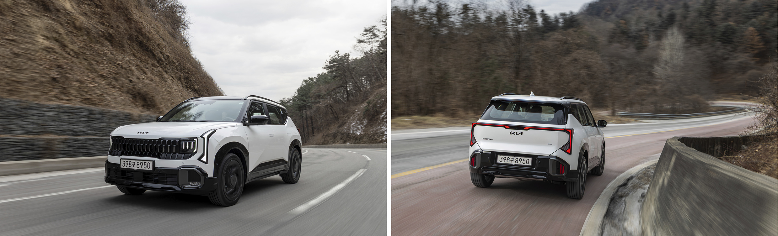 셀토스 고갯길 주행 전측면 및 후측면 모습