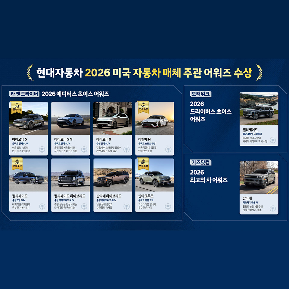 현대자동차 2026 미국 자동차 매체 주관 어워즈 수상