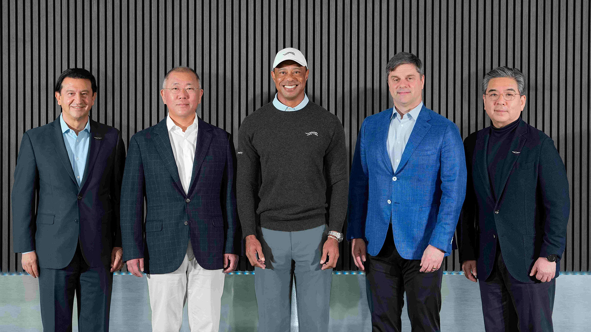 현대차 호세 무뇨스 대표이사 사장, 현대차그룹 정의선 회장, 타이거 우즈, PGA 투어 브라이언 롤랩 CEO, 현대차그룹 장재훈 부회장