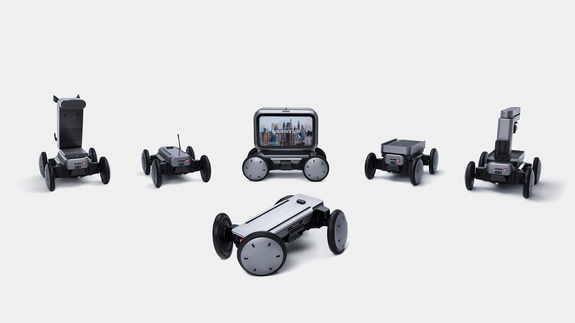 현대차·기아가 AW2026에서 국내 최초 공개한 '모베드(MobED)' 양산형 모델과 탑 모듈 결합 콘셉트 모델. (뒷열 왼쪽부터) 모베드 골프, 모베드 프로, 모베드 딜리버리, 모베드 언로딩, 모베드 로딩 (앞열 가운데) 모베드 베이직.