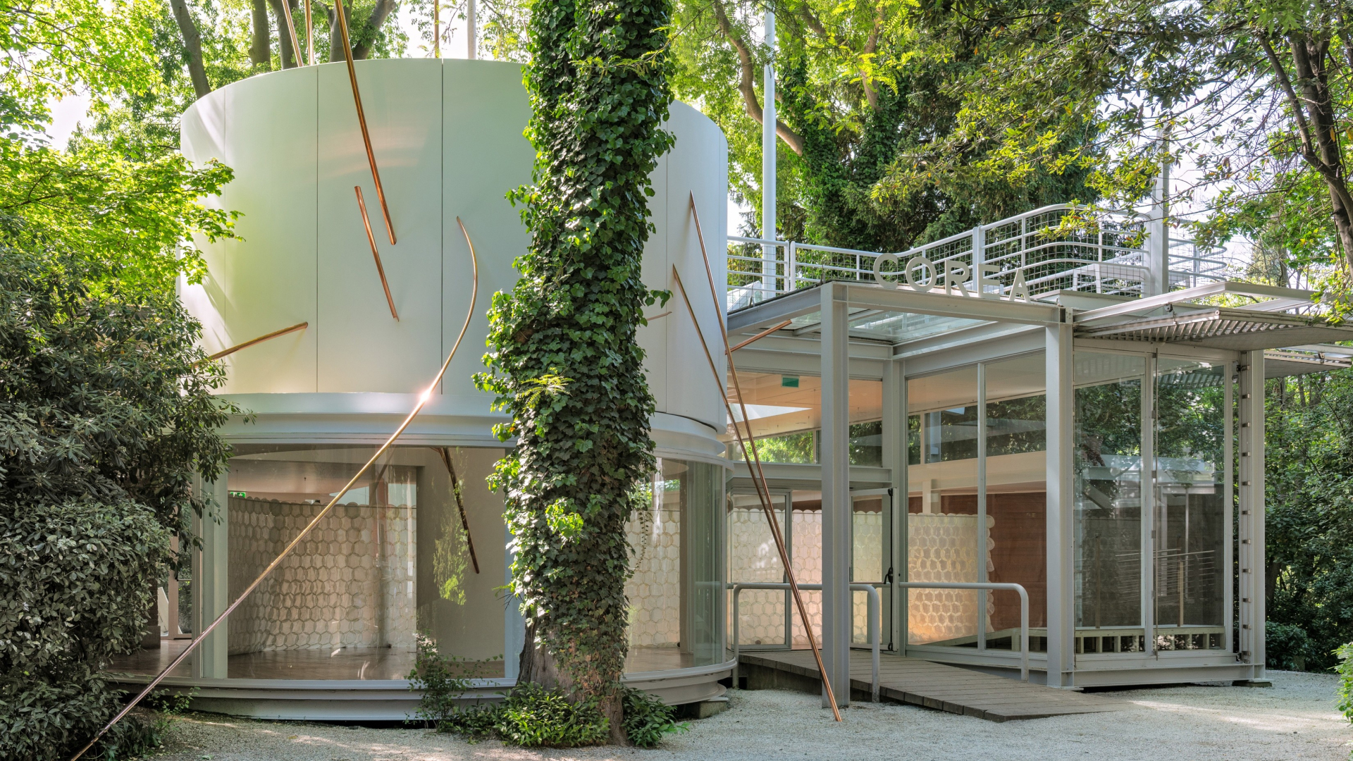 Exterior view of Liberation Space: Fortress/Nest, Korean Pavilion, 2026. Photo by Donghwan Kam.