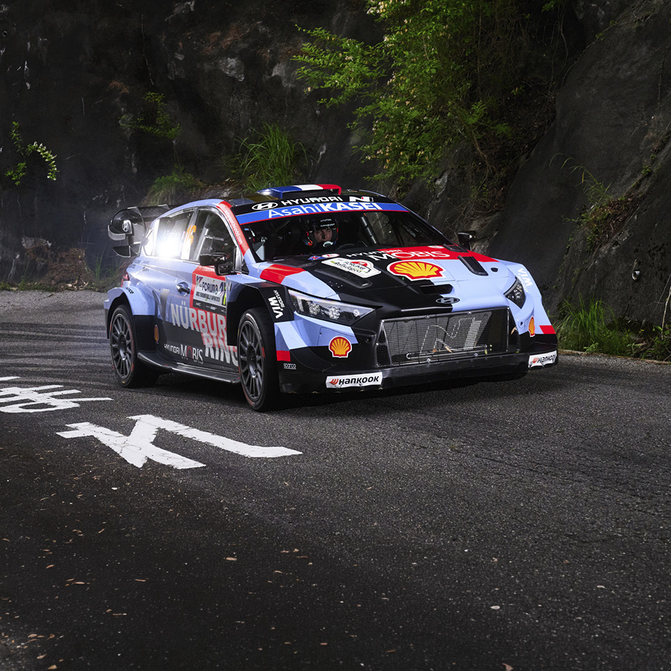 The Hyundai team WRC1 rally car is on the road