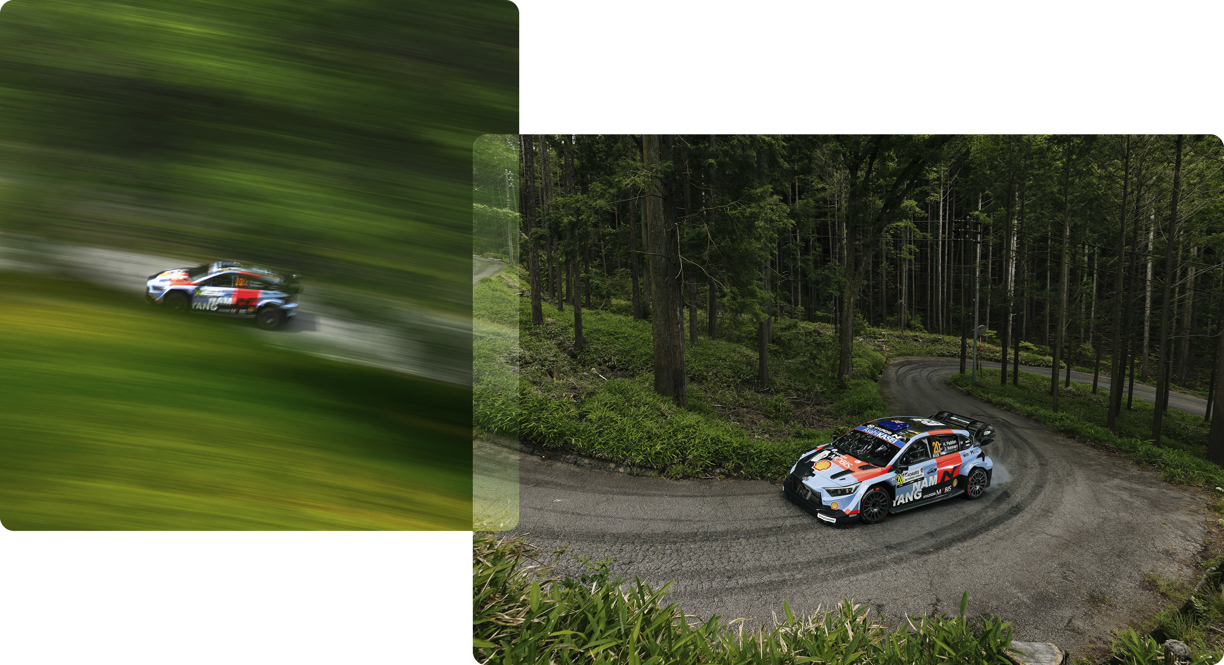 The Hyundai team WRC1 rally car is on the road