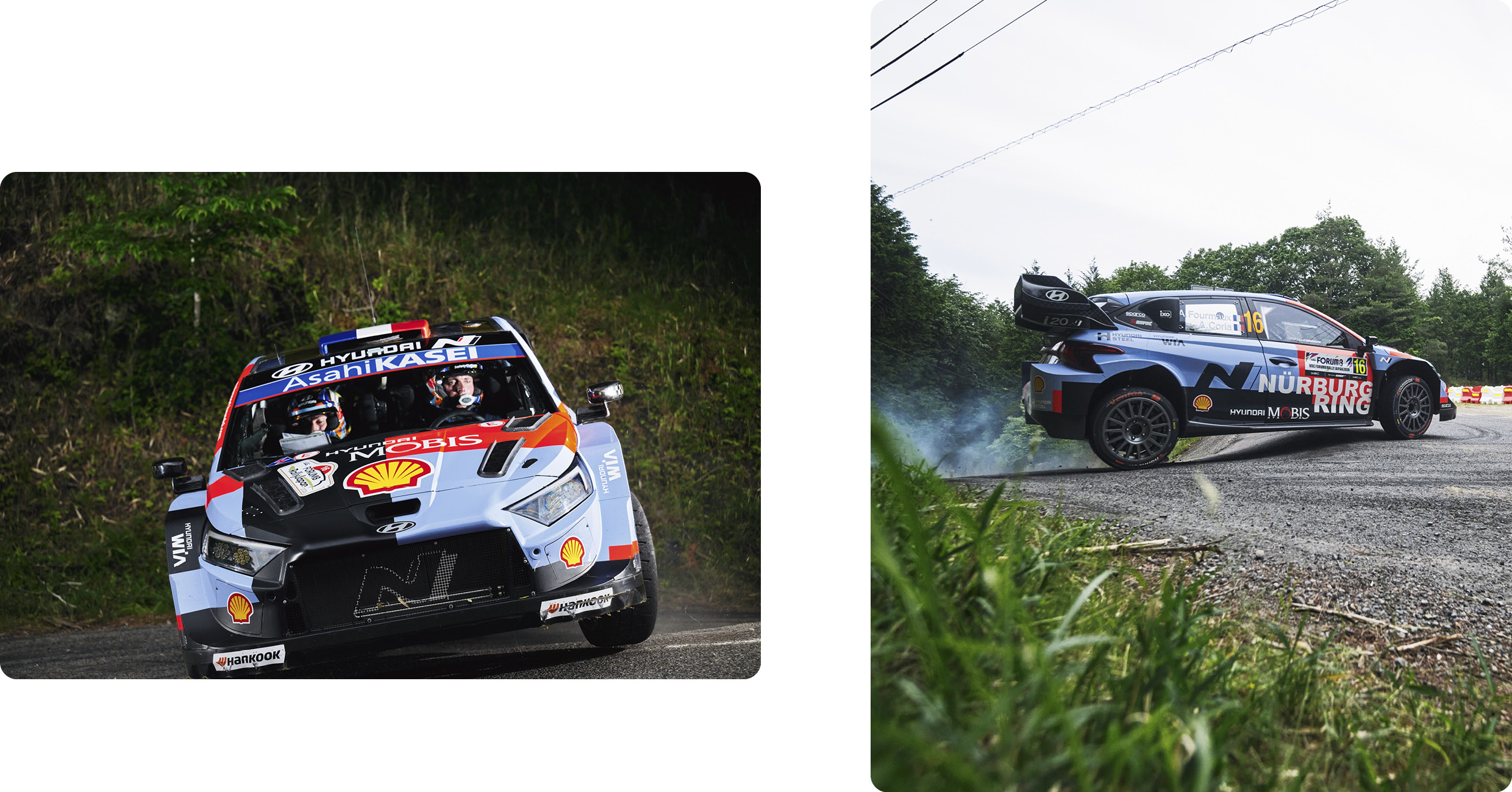 The Hyundai team WRC rally1 car is on the road